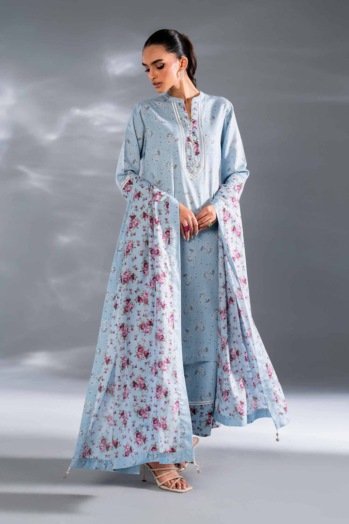 3 Piece Sky Blue Printed Karandi Winter Suit