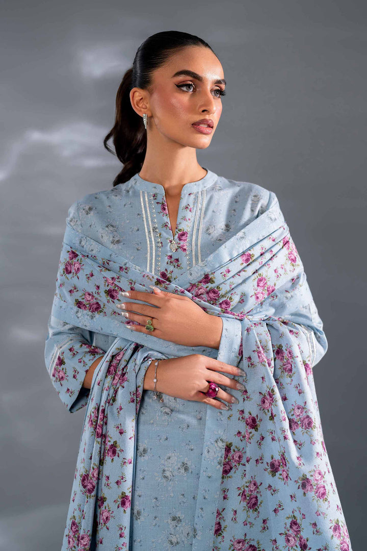 3 Piece Sky Blue Printed Karandi Winter Suit