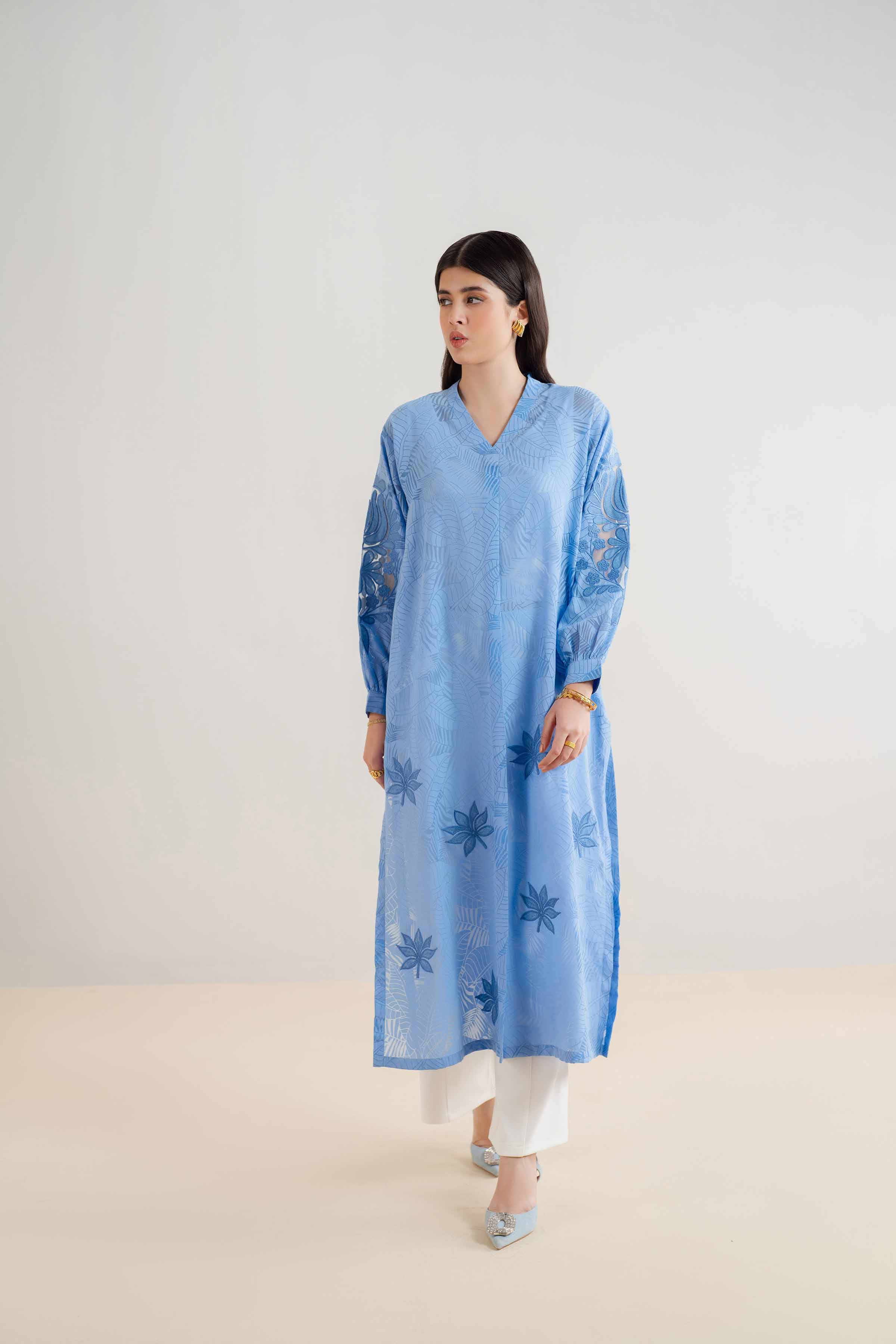 NishatUK - Brown Embroidered  Burnout 1-piece ready to wear Dress