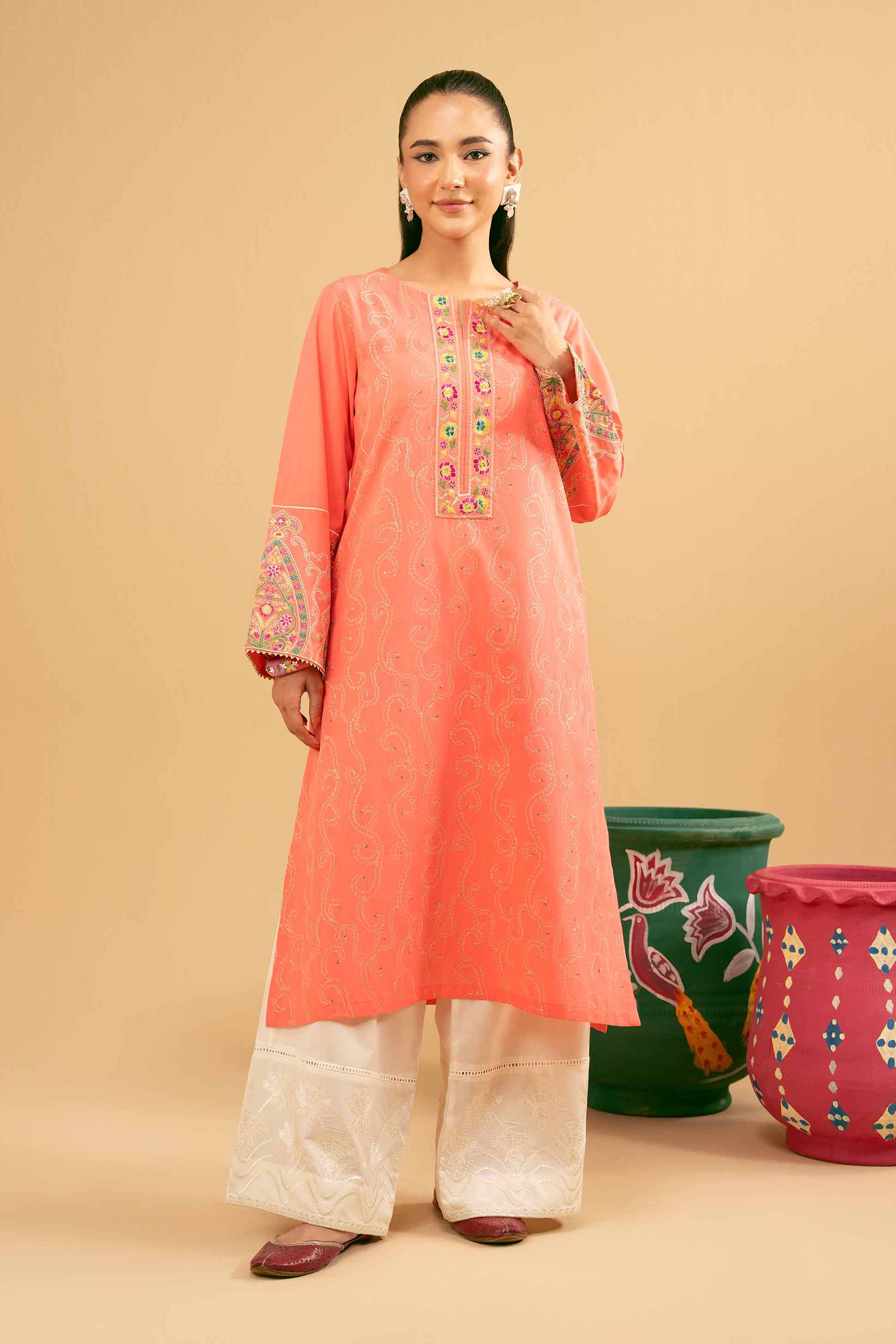 NishatUK - Peach Embroidered   Yarn Dyed 1-piece ready to wear Shirt