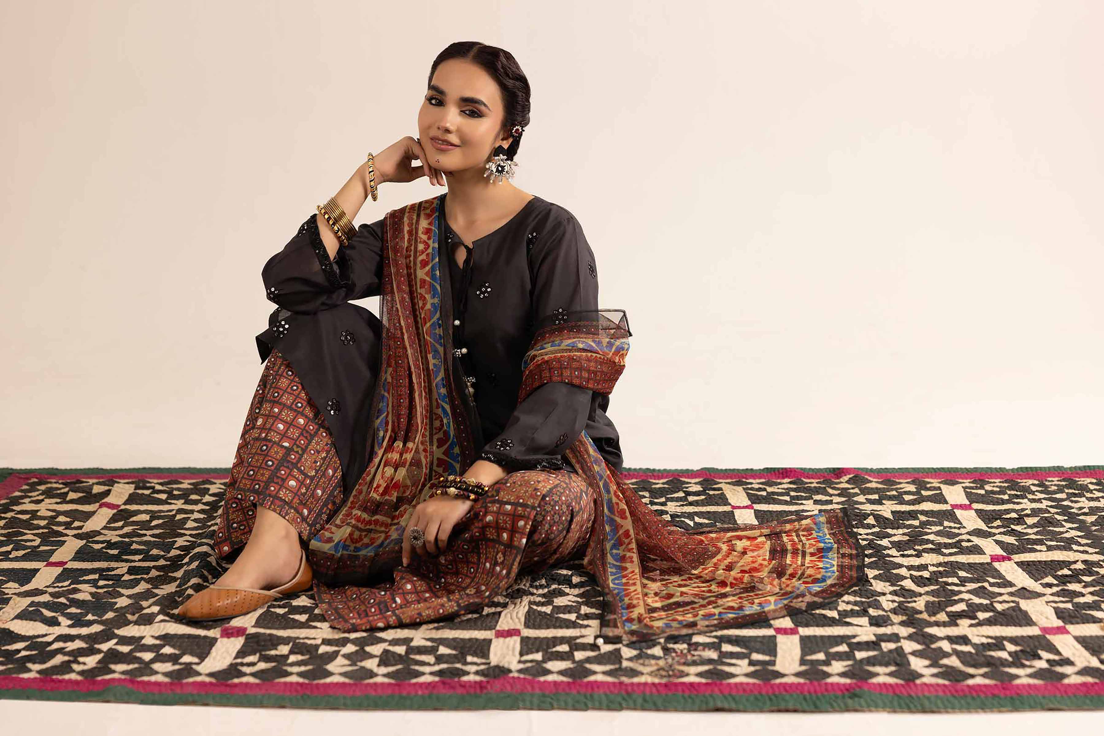 NishatUK - Black Embroidered  Lawn 3-piece ready to wear Suit