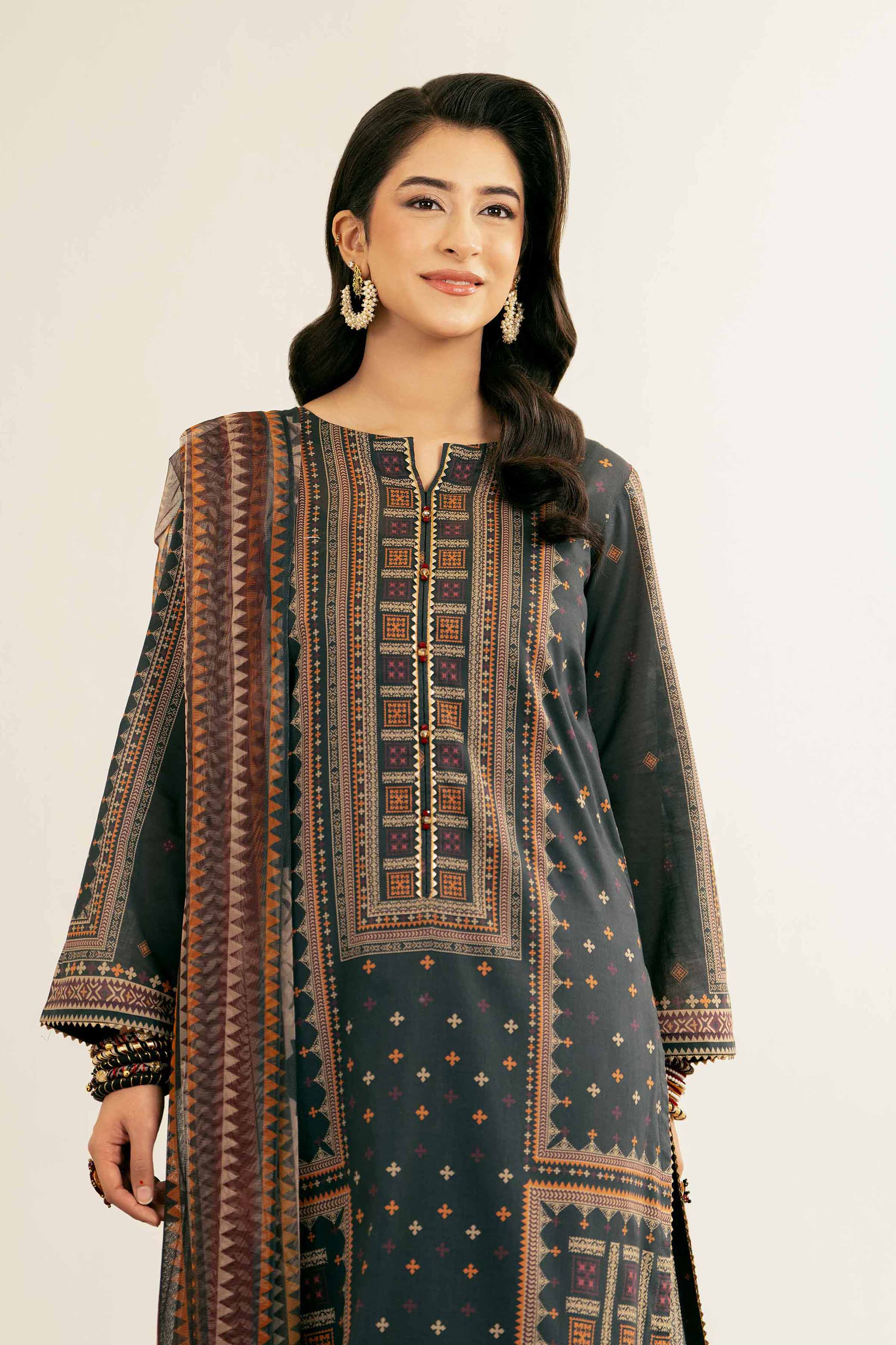 NishatUK - Brown Printed Lawn 3-piece ready to wear Suit