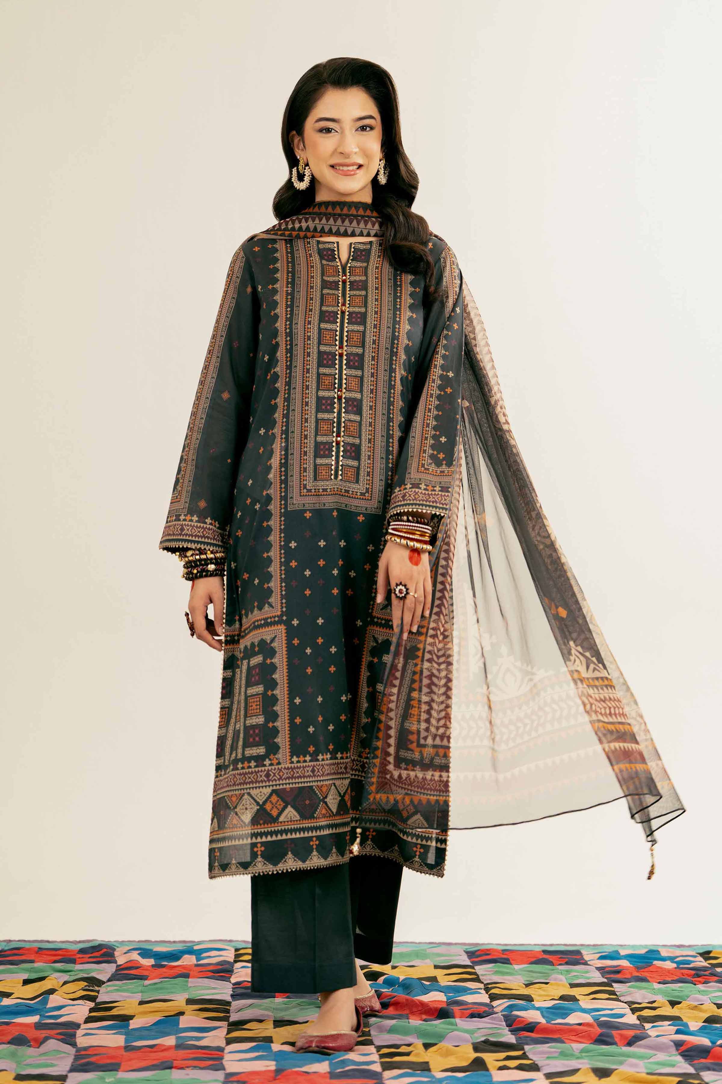 NishatUK - Brown Printed Lawn 3-piece ready to wear Suit