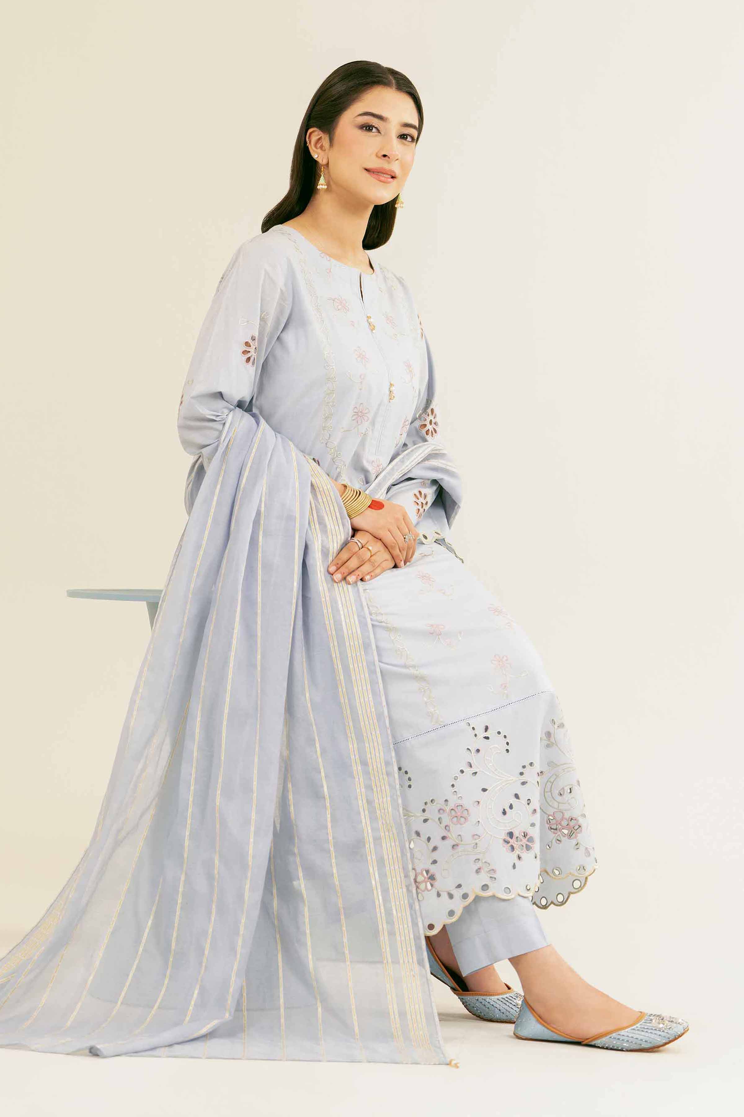 NishatUK - Sky Blue Embroidered   Cambric 3-piece ready to wear Suit
