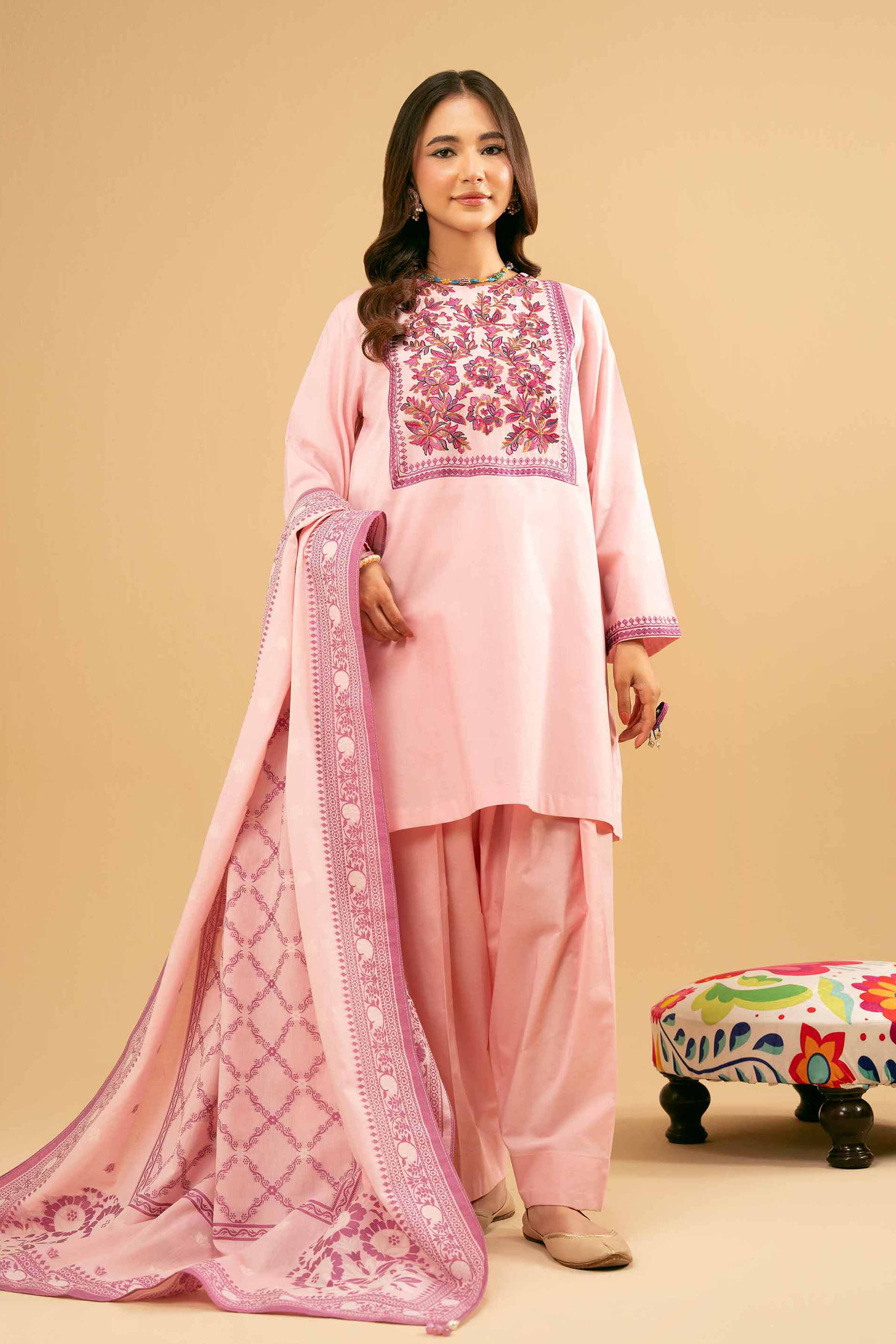 NishatUK - Pink Embroidered   Cambric 3-piece ready to wear Suit