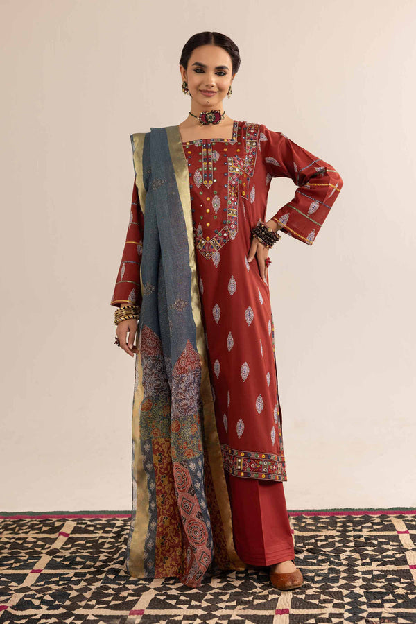 3 Piece - Printed Embroidered Suit - PE25-202
