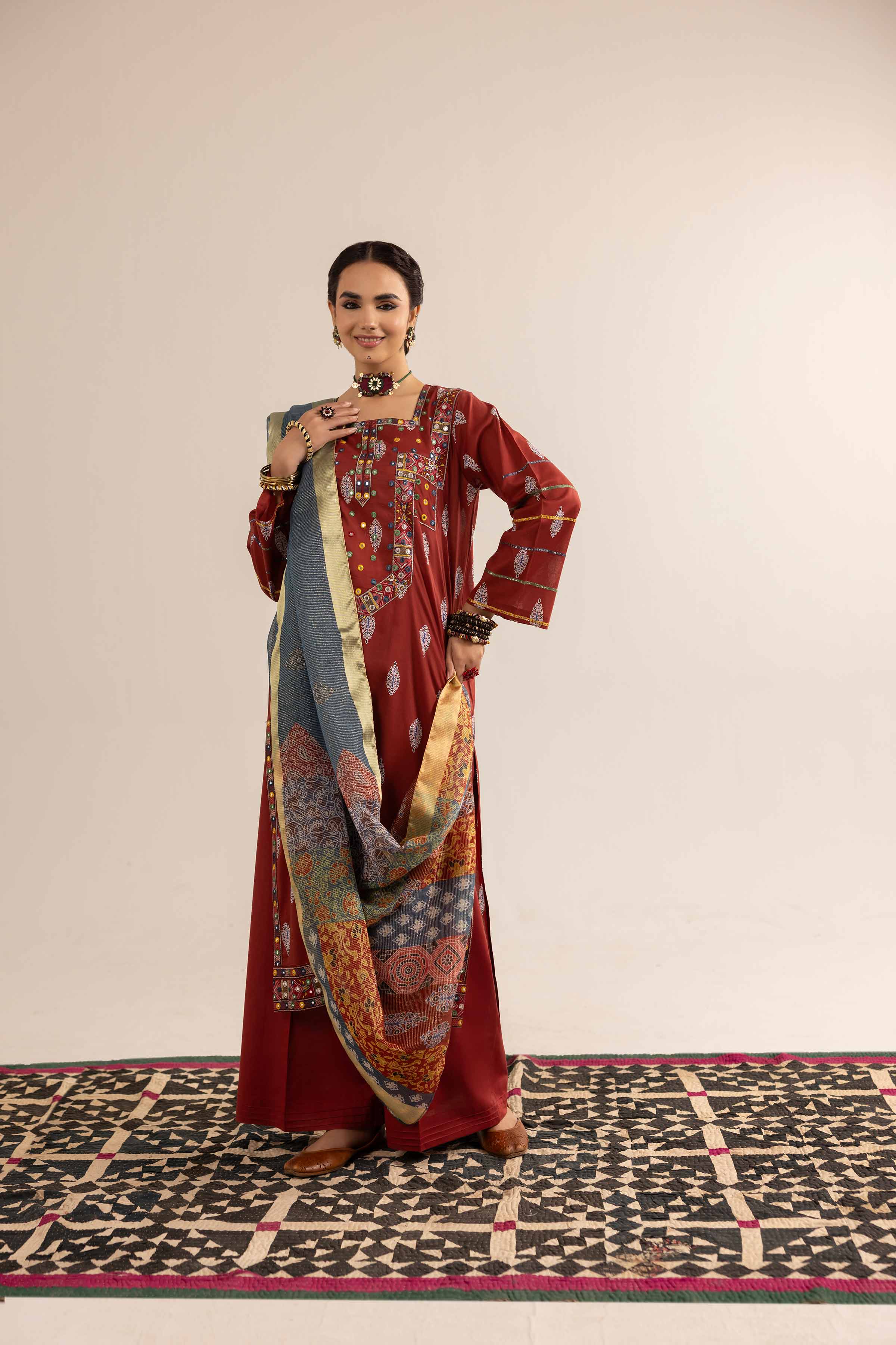 NishatUK - Brown Embroidered  Lawn 3-piece ready to wear Suit