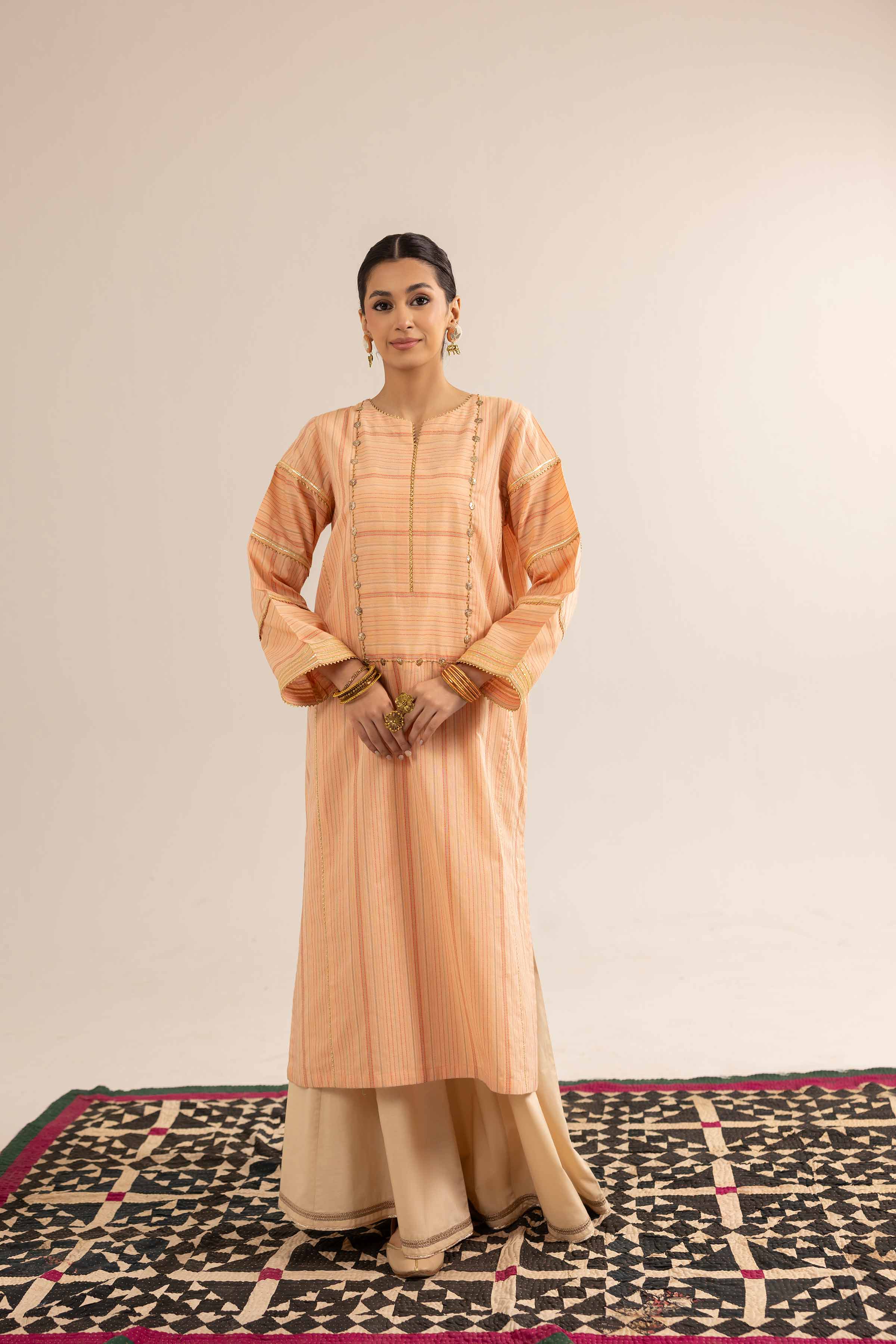 NishatUK - Peach Solids Jacquard 1-piece ready to wear Kurta