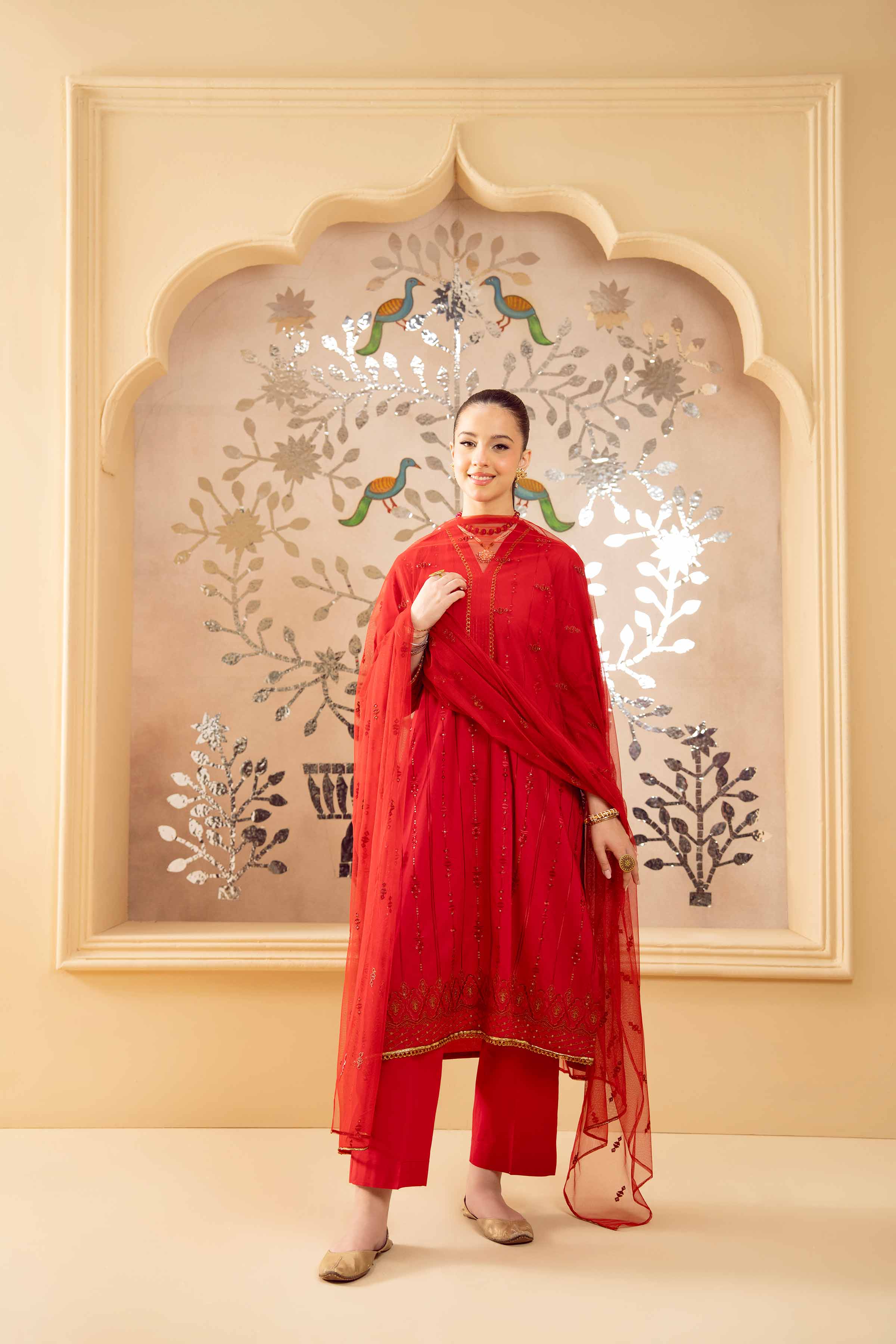 NishatUK - Red Embroidered Cambric 3-piece ready to wear Suit
