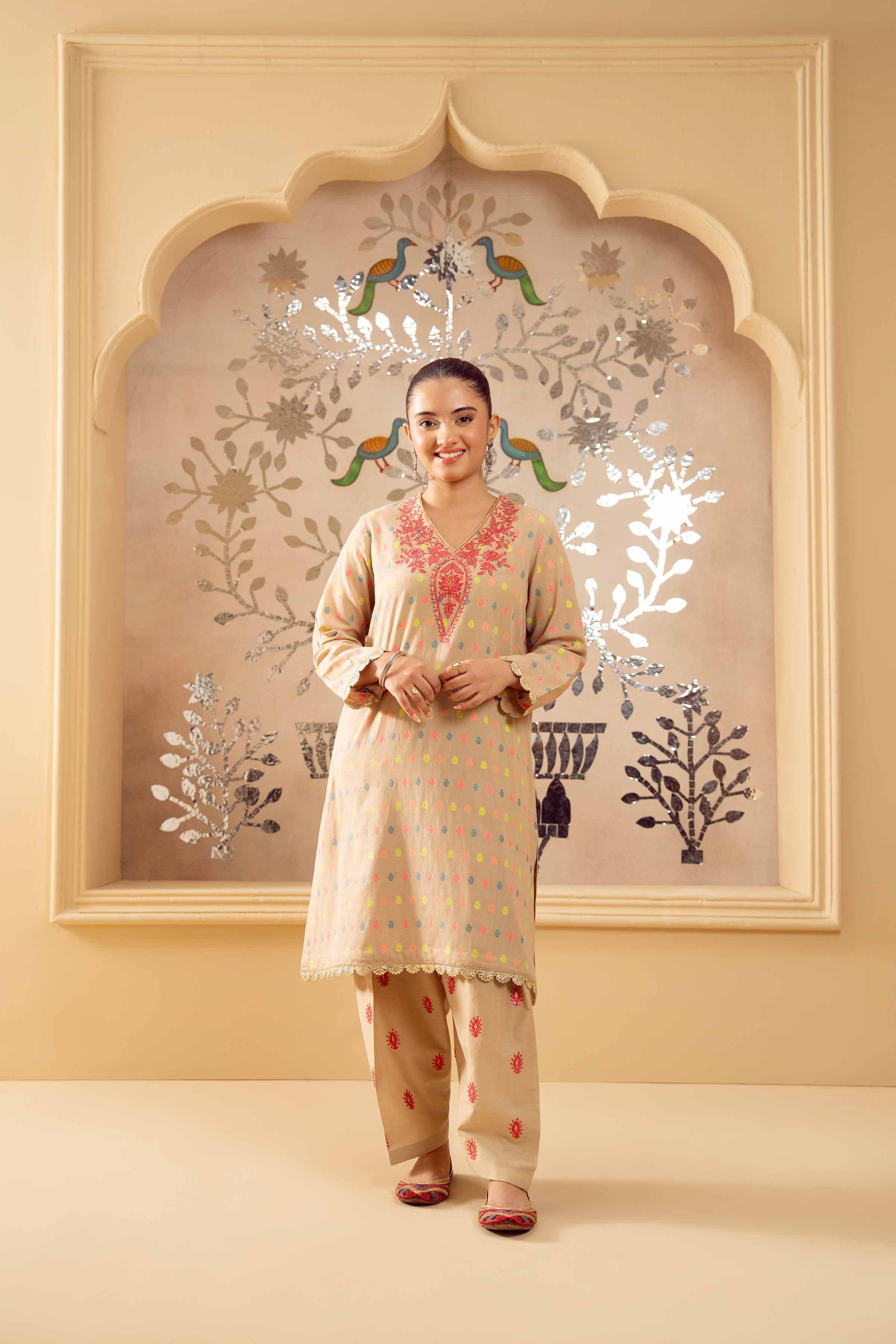 NishatUK - Beige Embroidered  Jacquard 2-piece ready to wear Dress