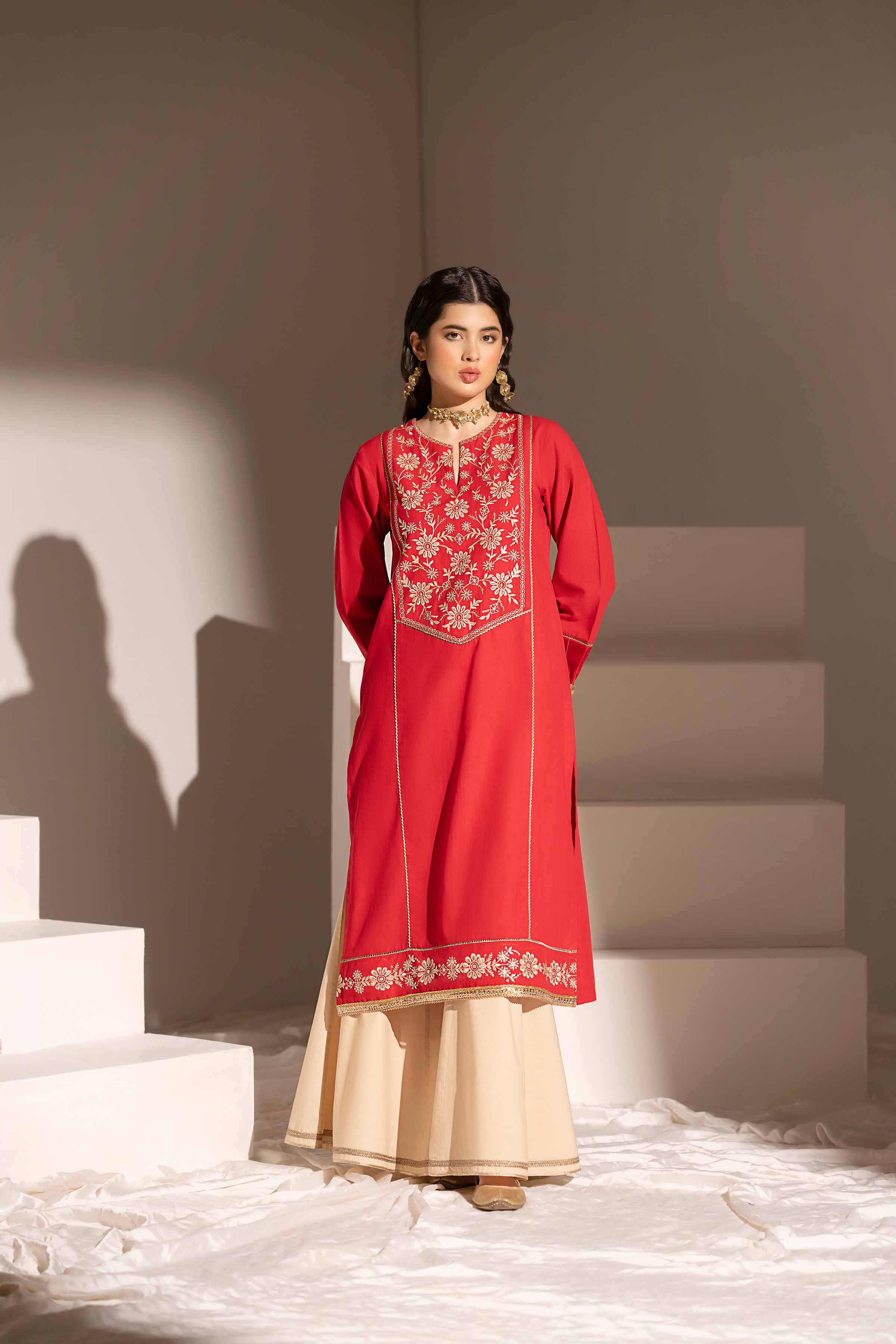 NishatUK - Red Embroidered   Yarn Dyed 1-piece ready to wear Shirt