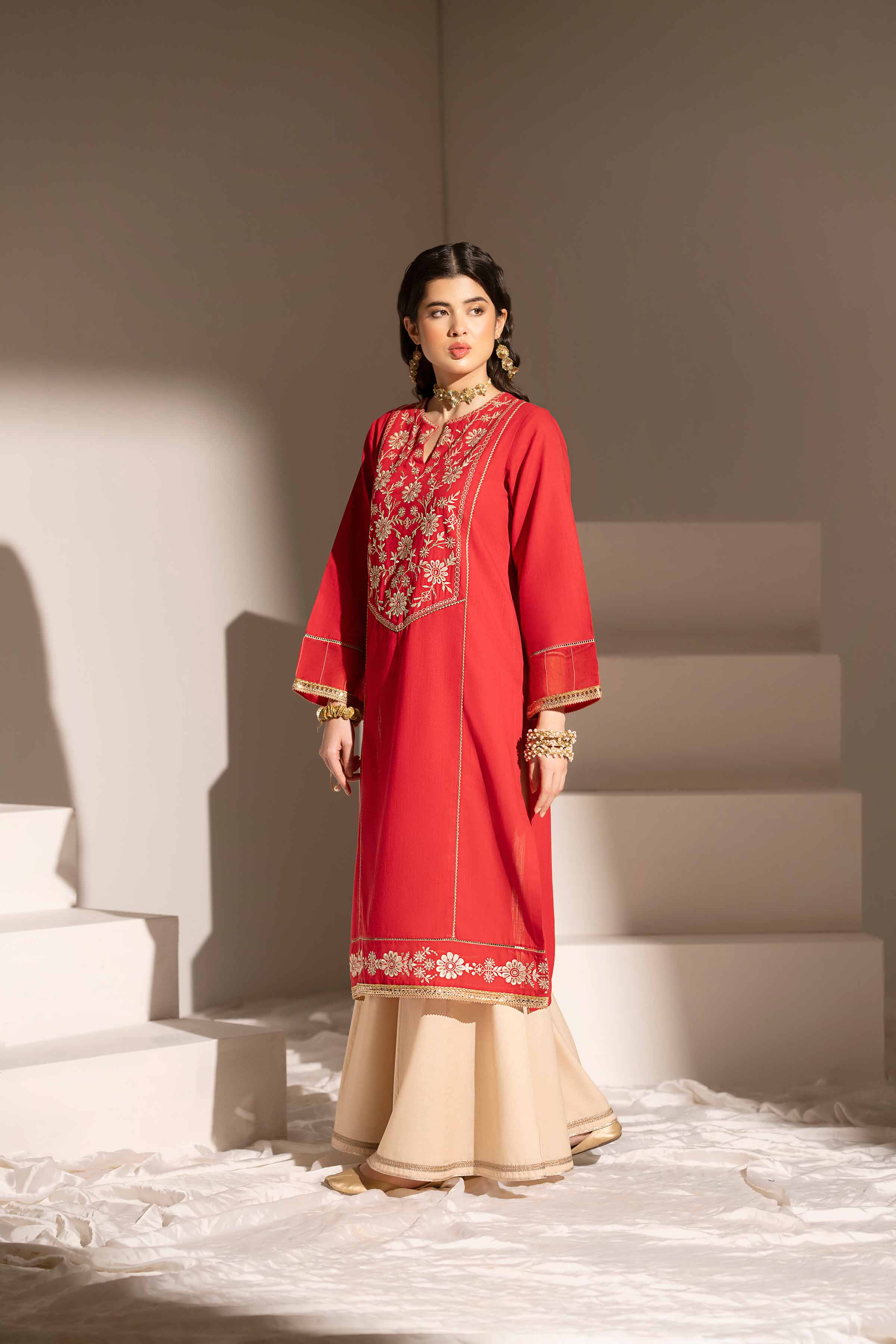 NishatUK - Red Embroidered   Yarn Dyed 1-piece ready to wear Shirt