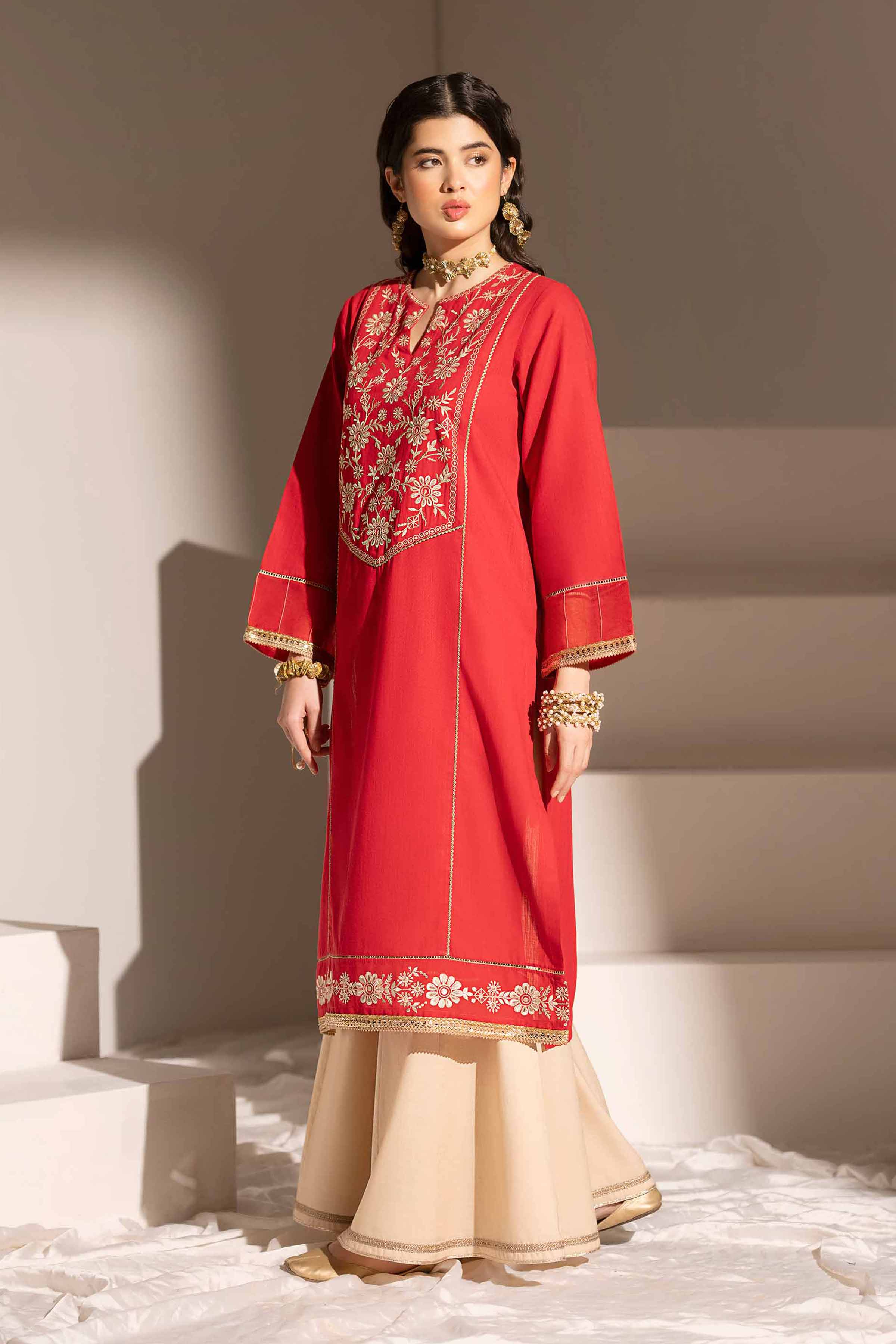 NishatUK - Red Embroidered   Yarn Dyed 1-piece ready to wear Shirt