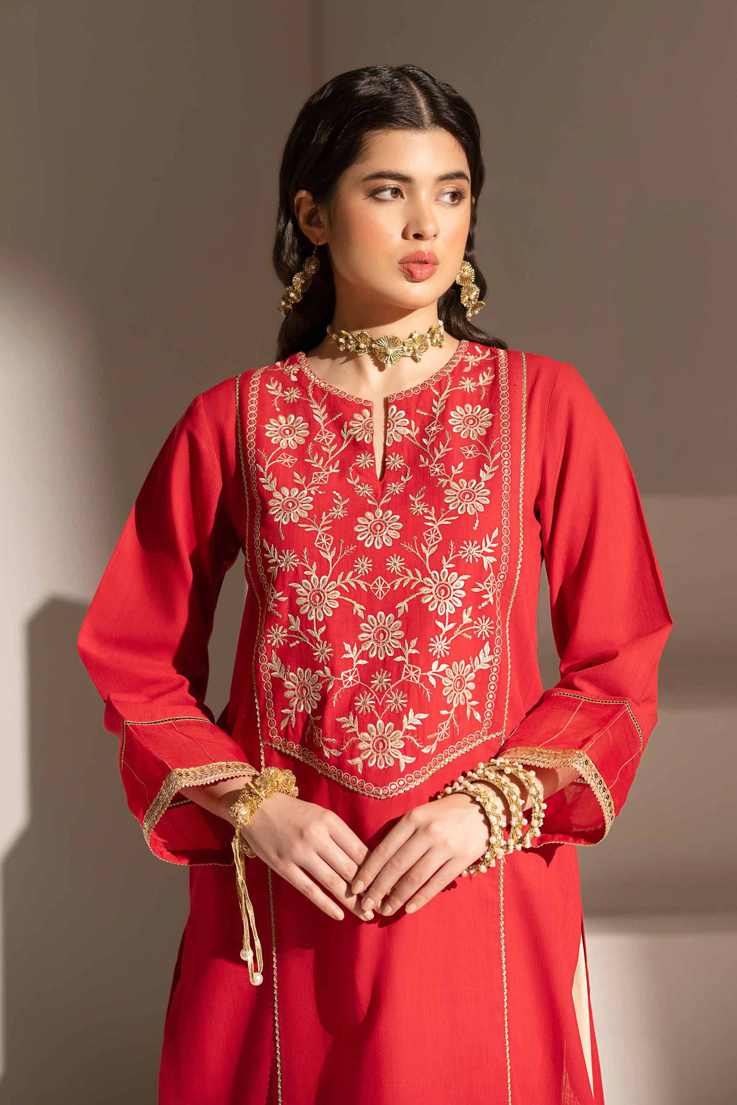NishatUK - Red Embroidered   Yarn Dyed 1-piece ready to wear Shirt
