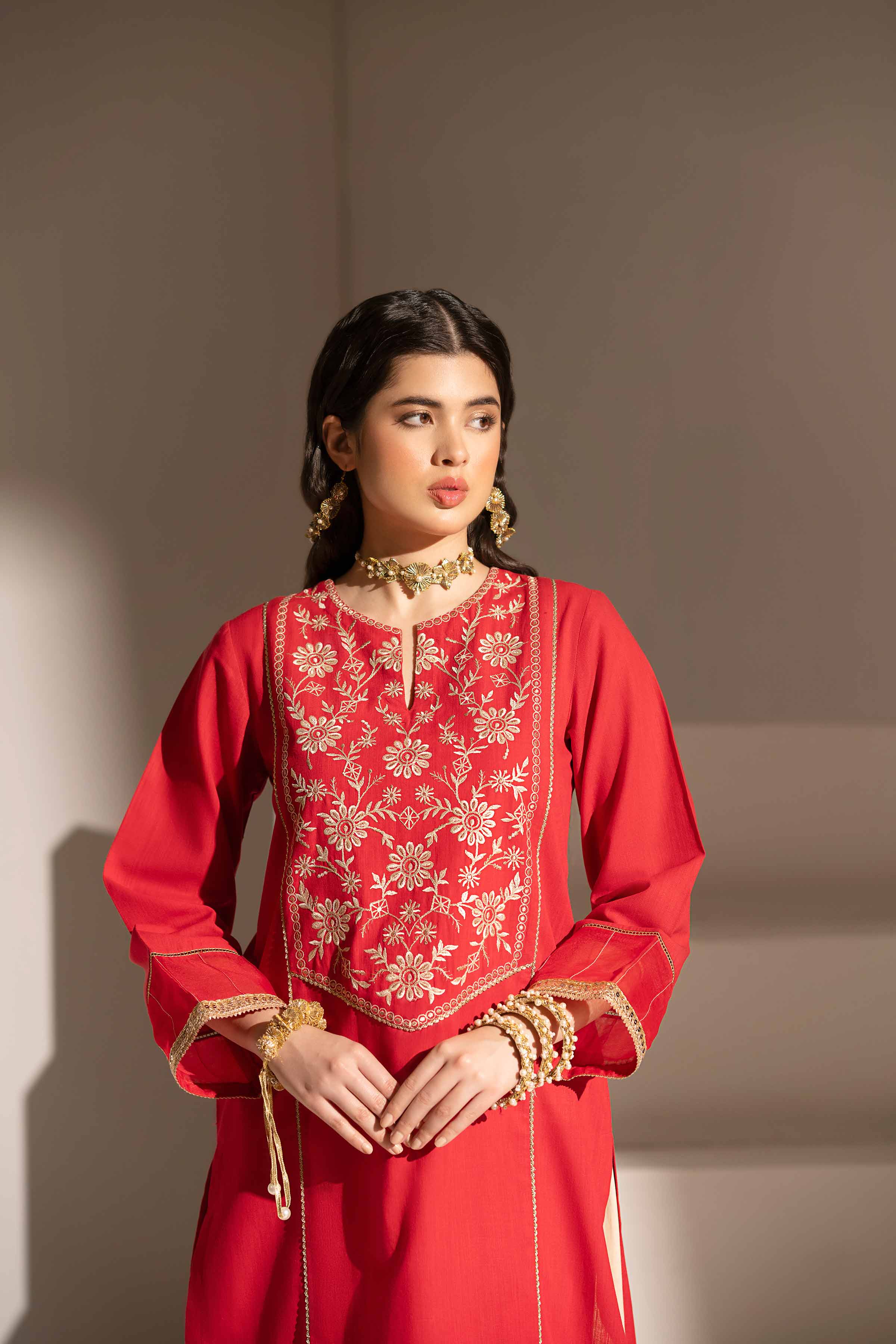 NishatUK - Red Embroidered   Yarn Dyed 1-piece ready to wear Shirt