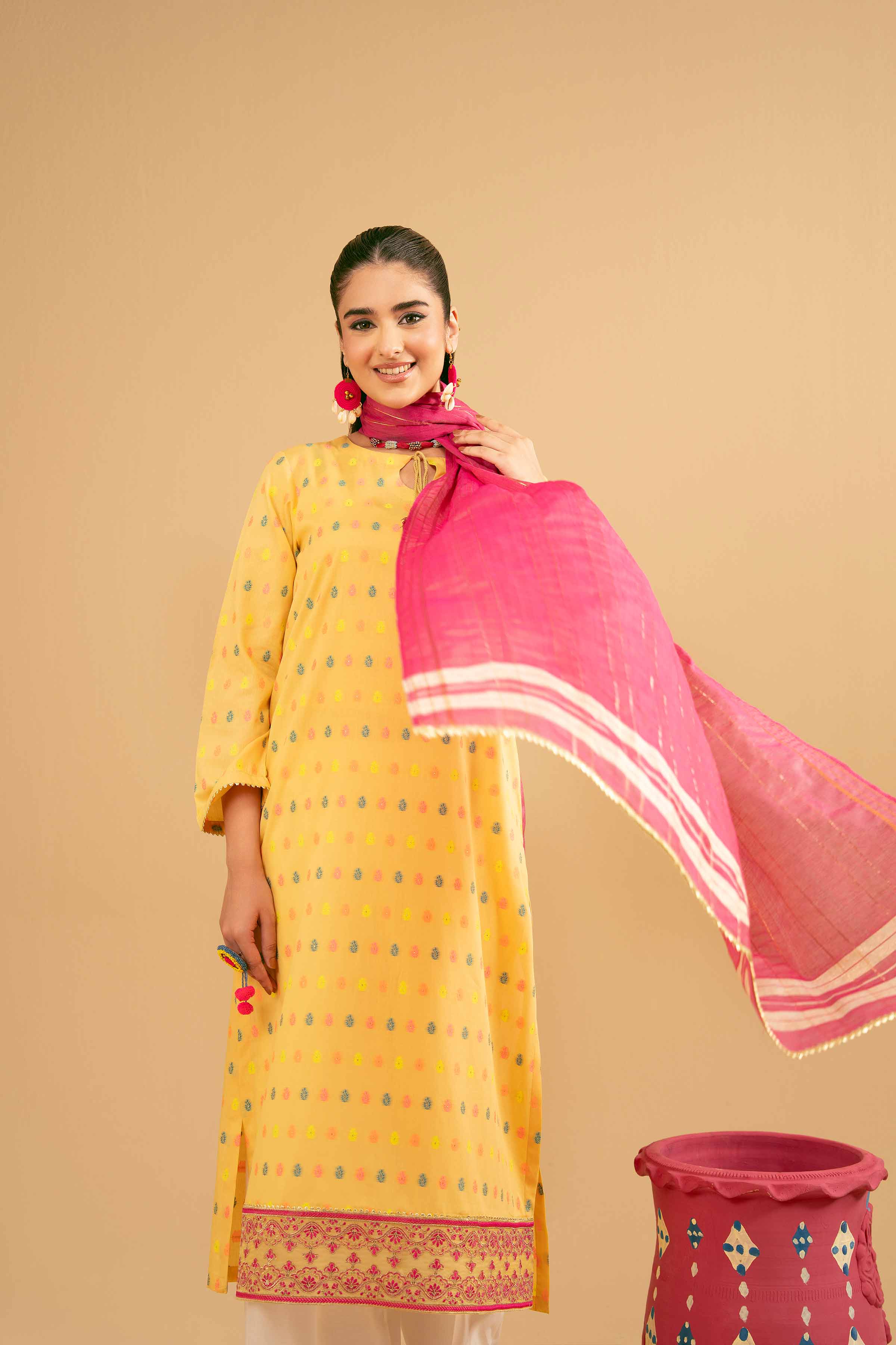 NishatUK - Yellow Embroidered  Jacquard 2-piece ready to wear Dress