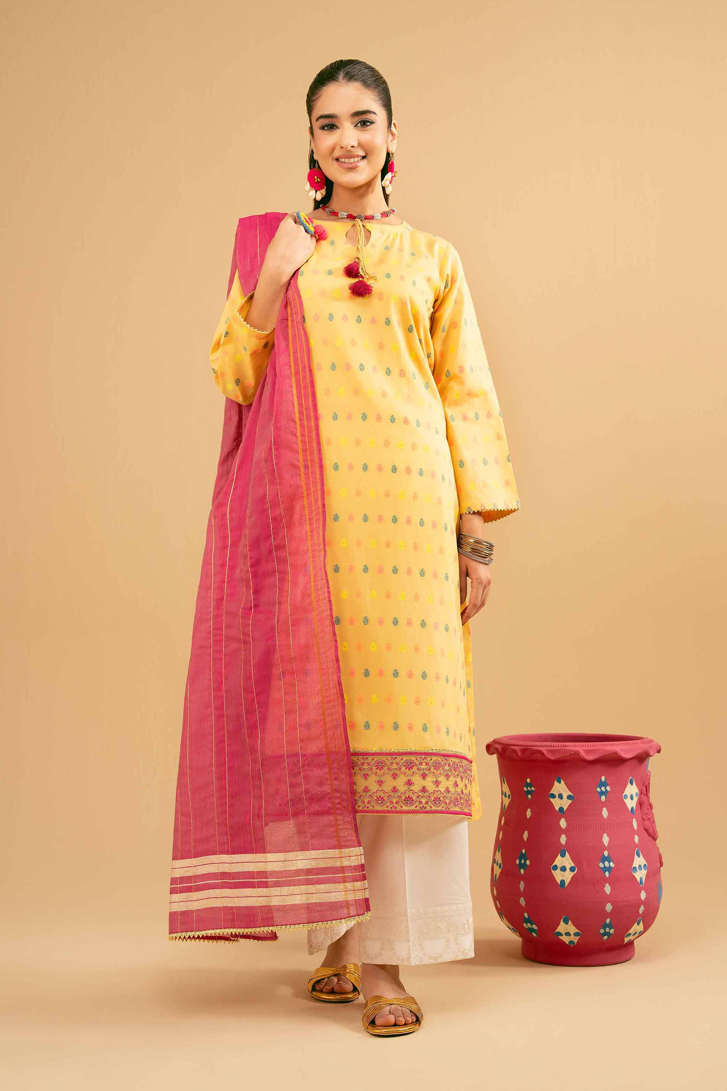 NishatUK - Yellow Embroidered  Jacquard 2-piece ready to wear Dress