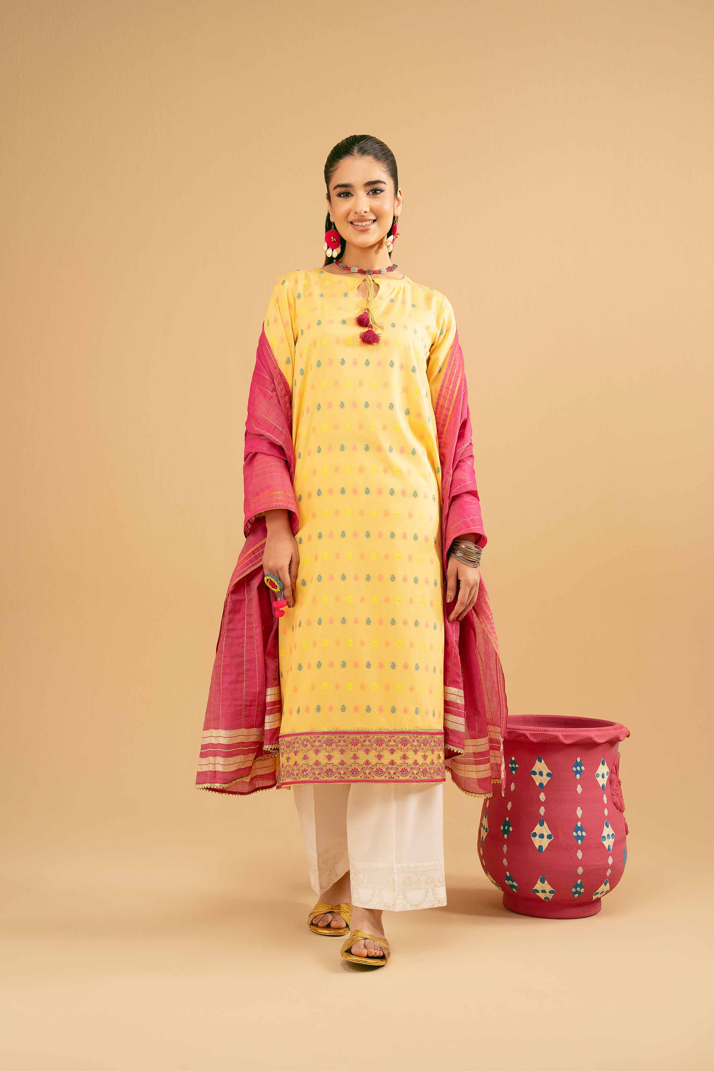 NishatUK - Yellow Embroidered  Jacquard 2-piece ready to wear Dress