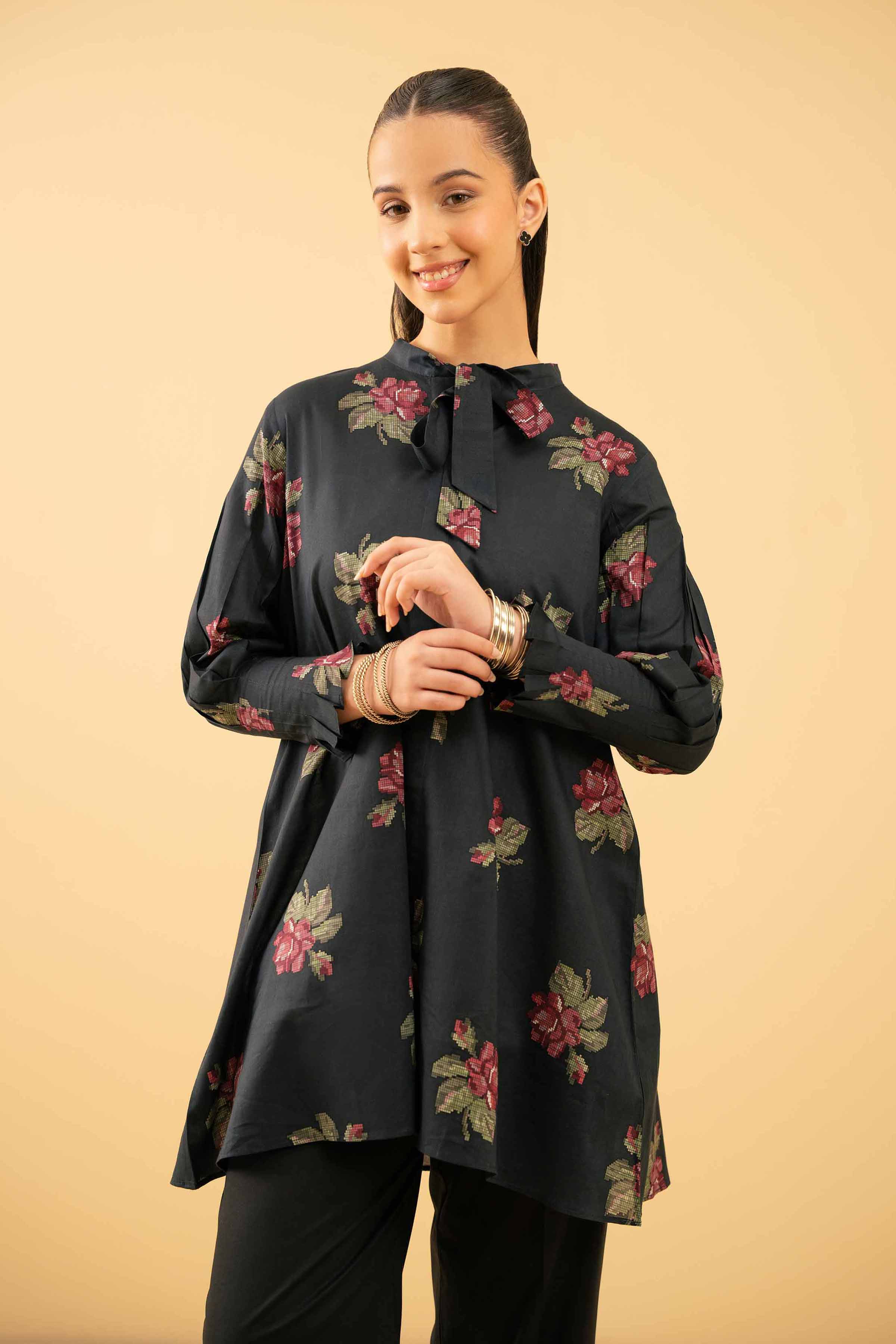 NishatUK - Black Printed Lawn 1-piece ready to wear Tunic
