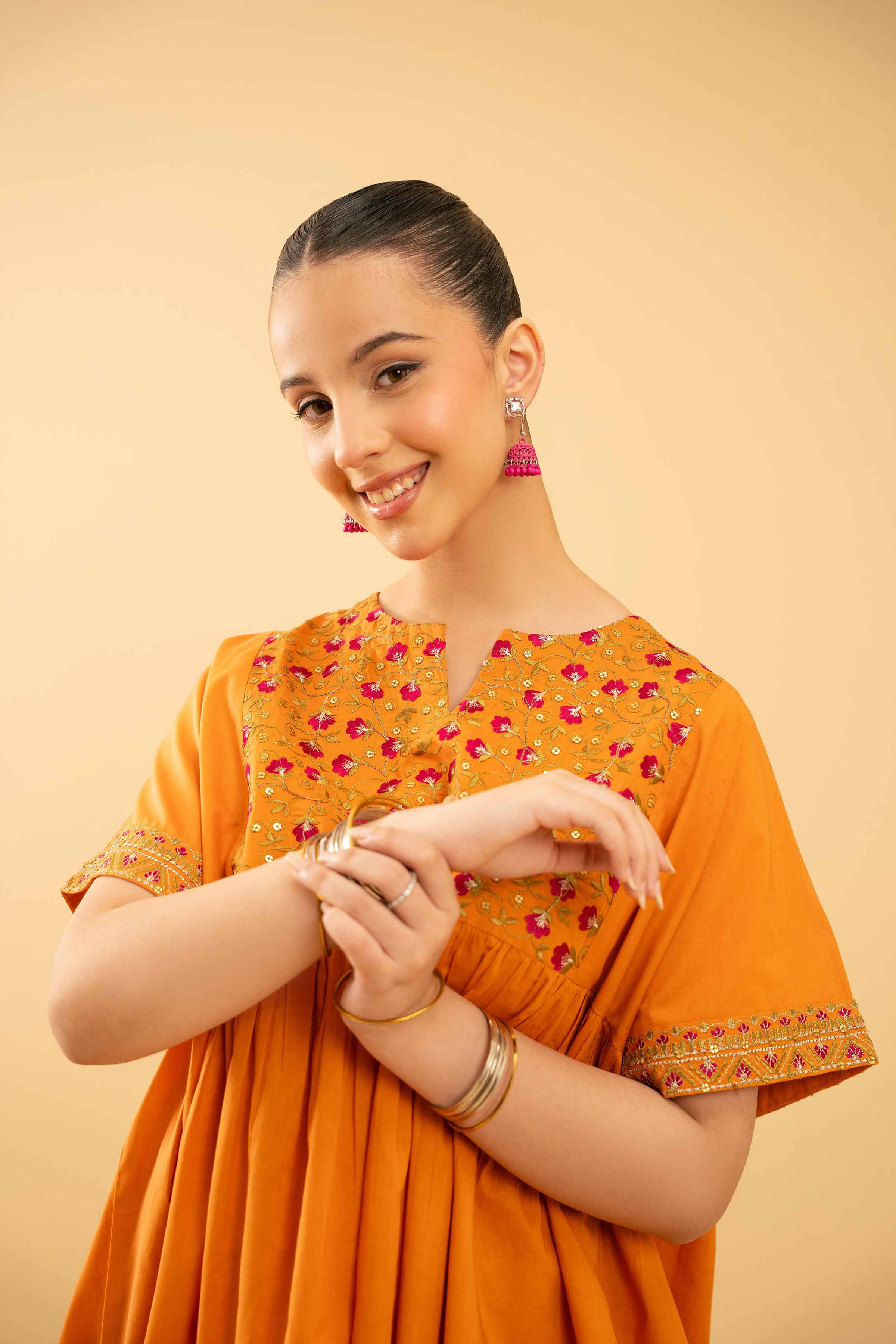 NishatUK - Orange Embroidered   Cambric 1-piece ready to wear Tunic