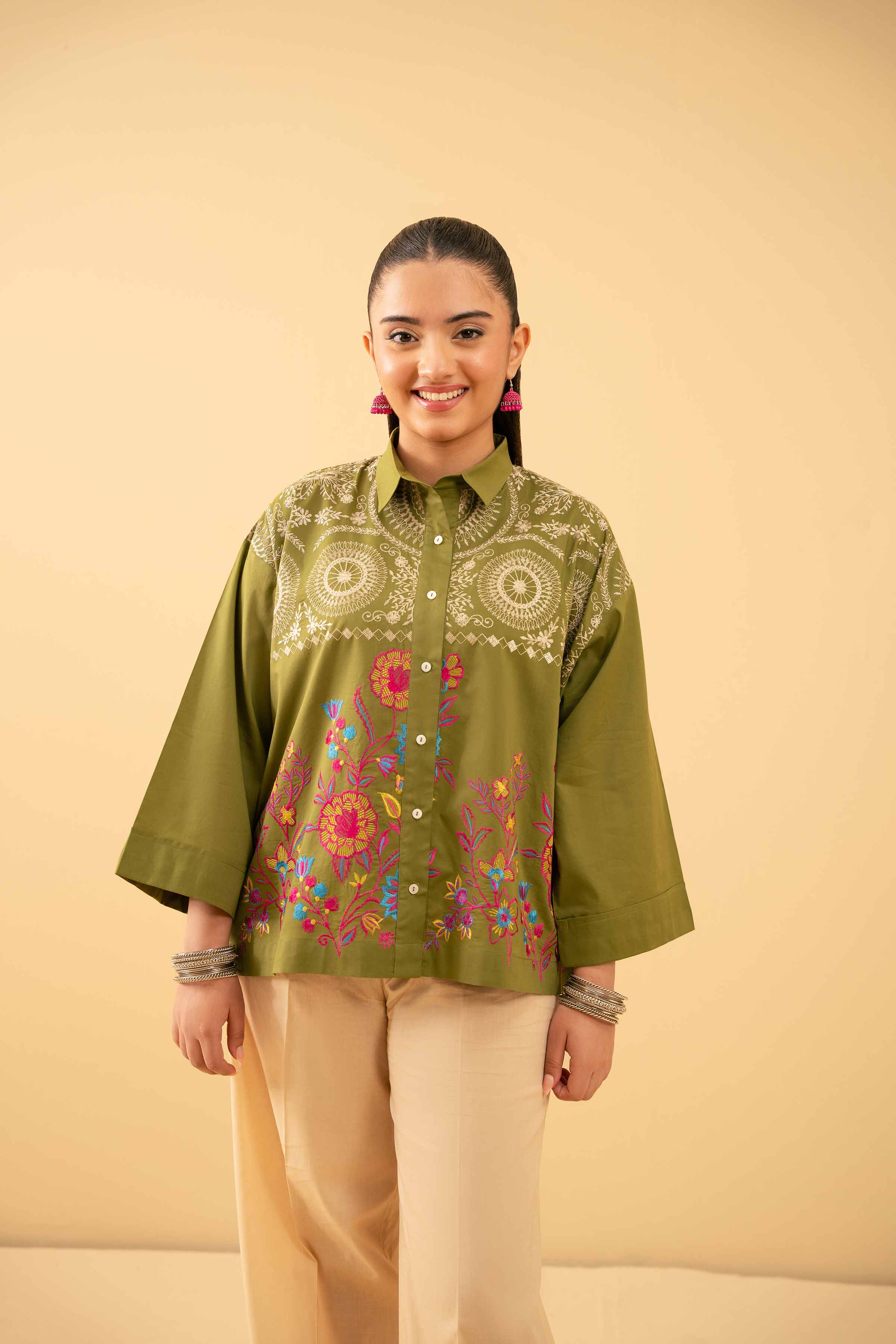 NishatUK - Green Embroidered   Cambric 1-piece ready to wear Tunic