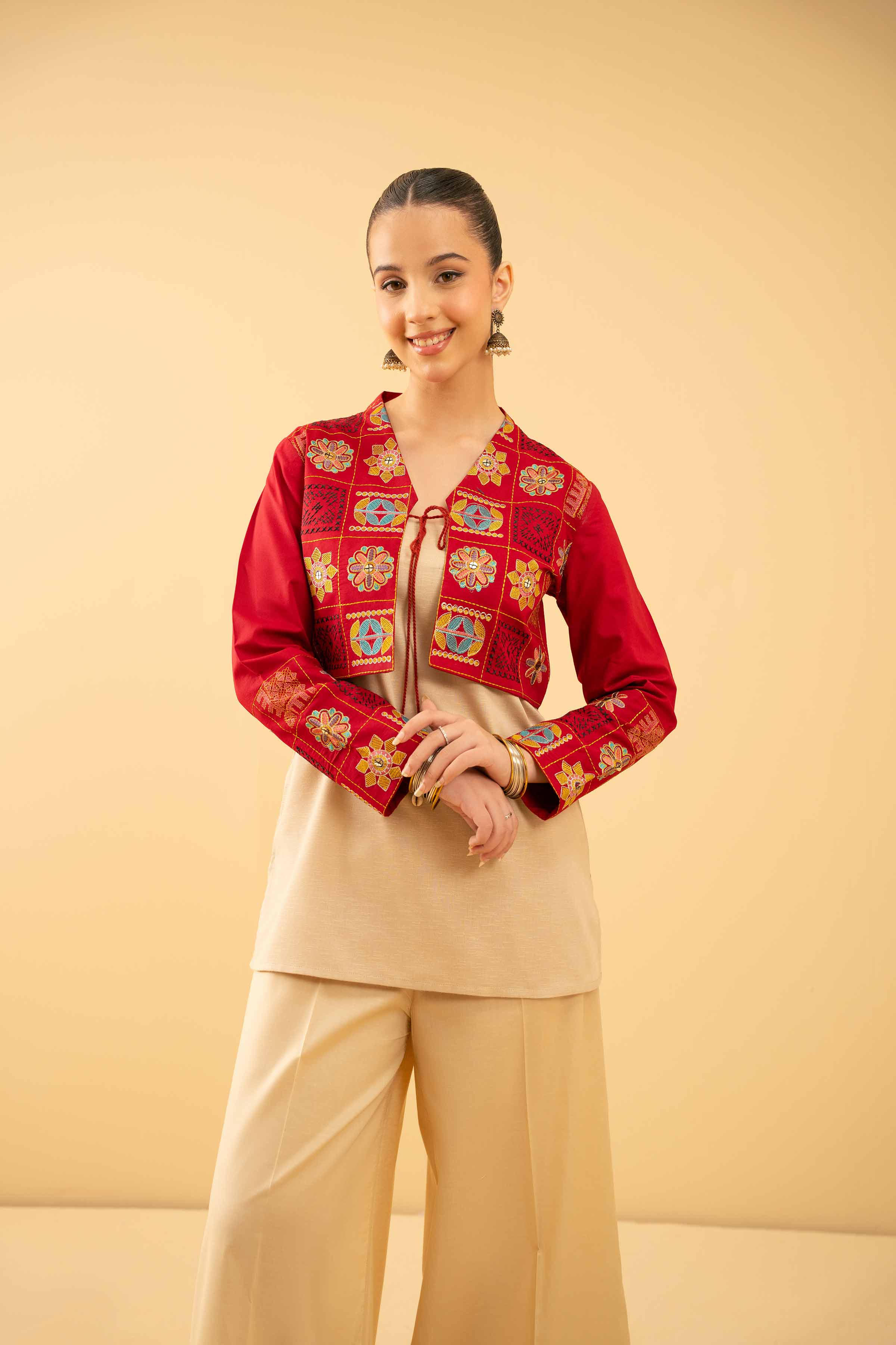 NishatUK - Red Embroidered   Cambric 1-piece ready to wear Jacket