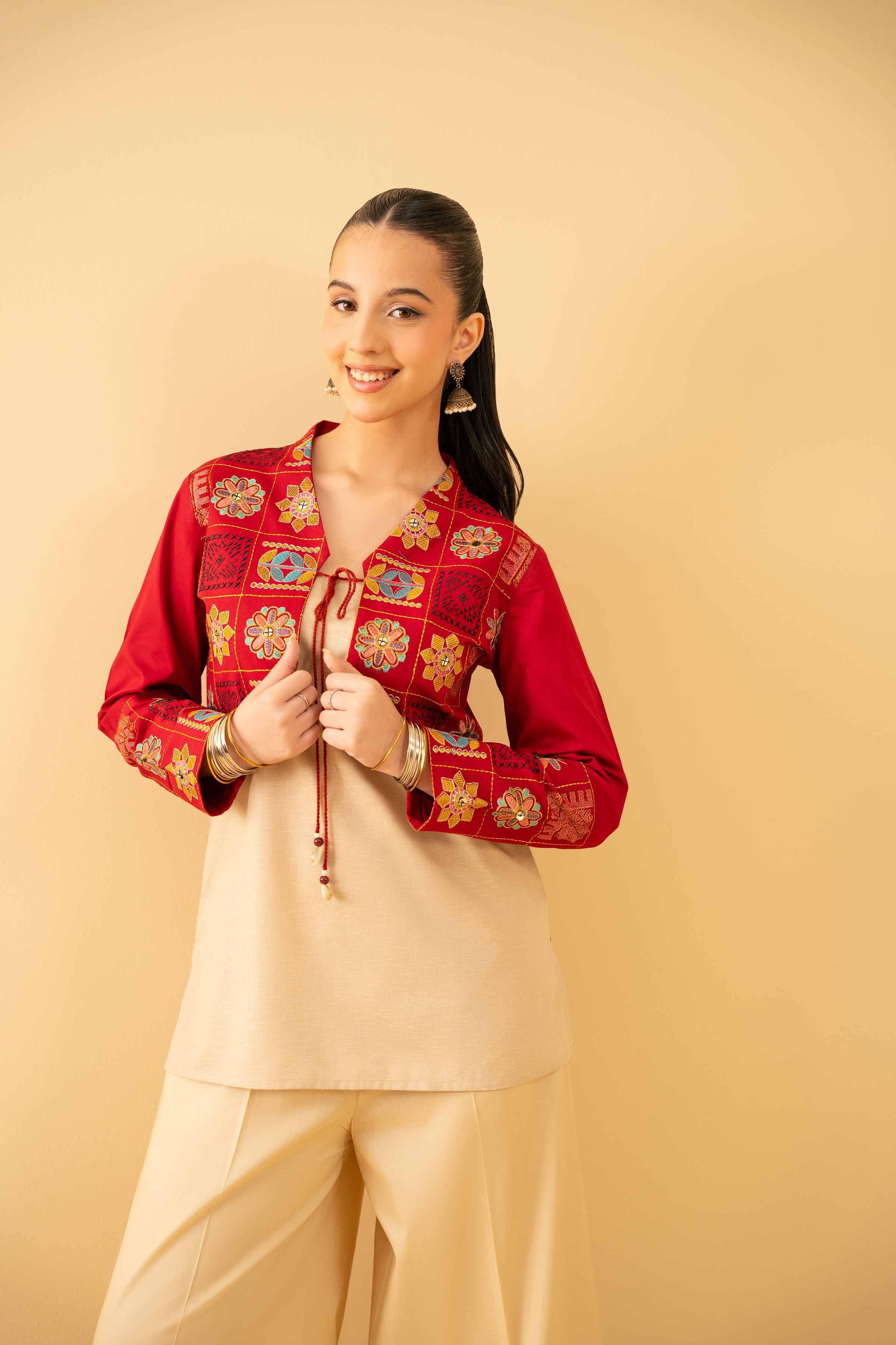 NishatUK - Red Embroidered   Cambric 1-piece ready to wear Jacket