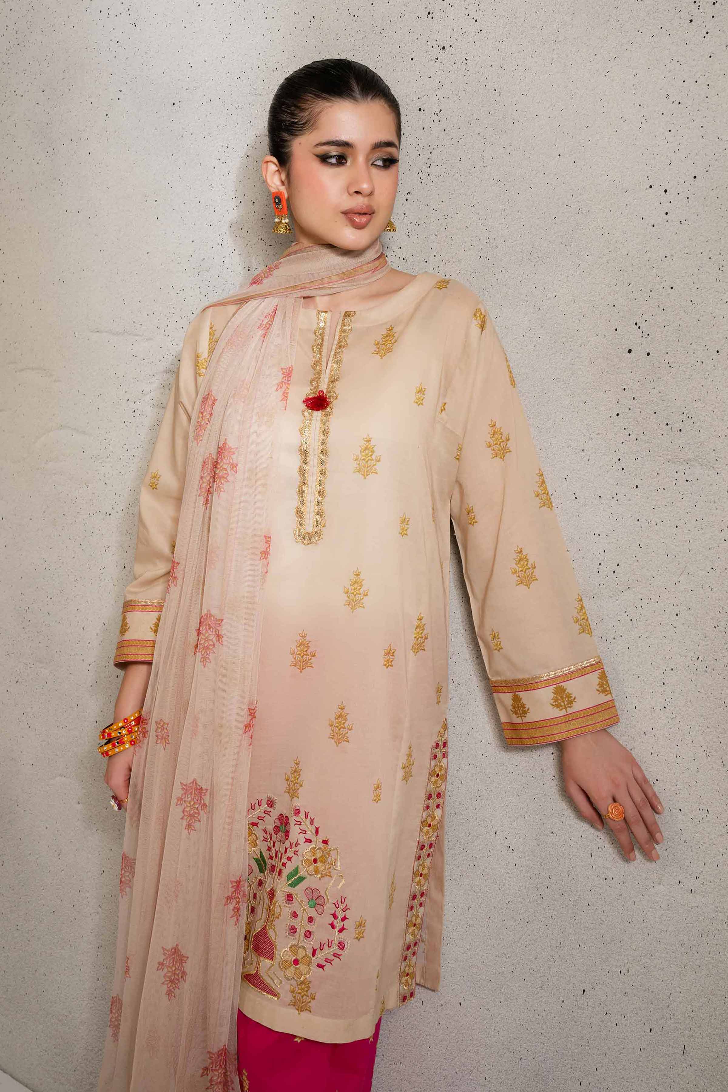NishatUK - Beige Embroidered  Lawn 3-piece ready to wear Suit
