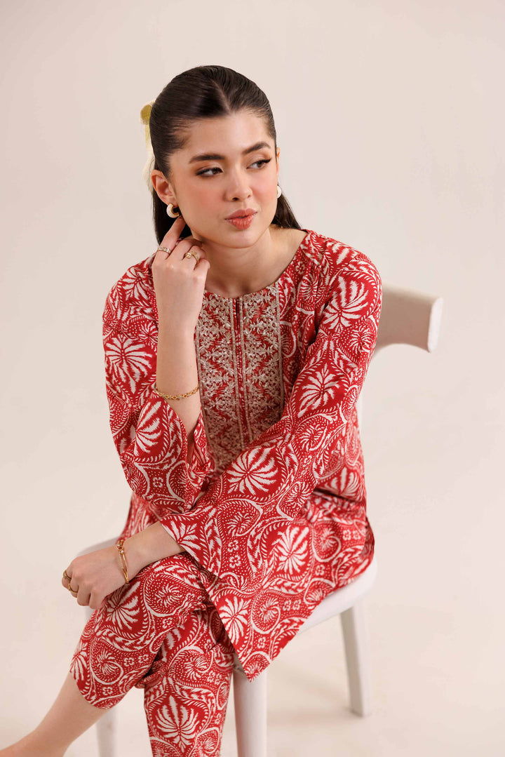 NishatUK - Red Embroidered   Cambric 2-piece ready to wear Dress