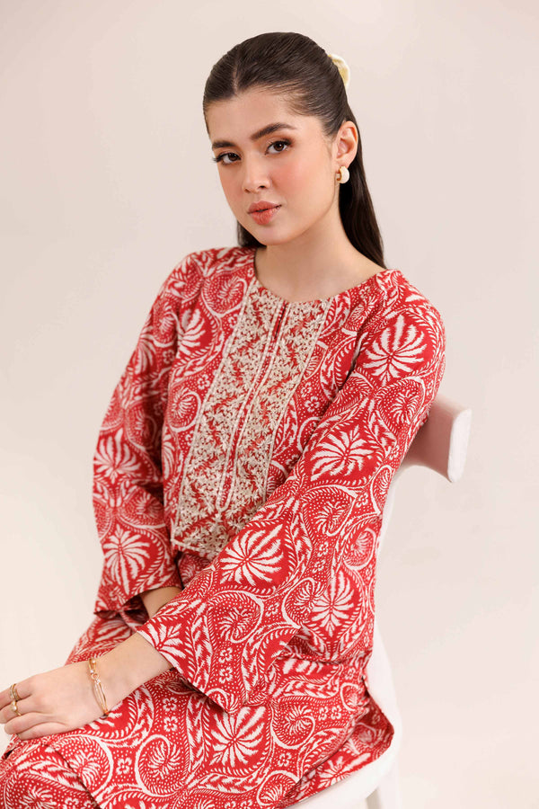 NishatUK - Red Embroidered   Cambric 2-piece ready to wear Dress