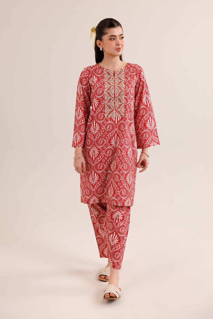 NishatUK - Red Embroidered   Cambric 2-piece ready to wear Dress