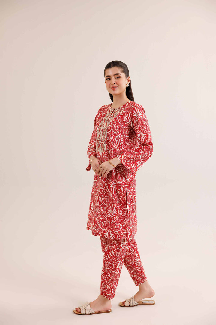 NishatUK - Red Embroidered   Cambric 2-piece ready to wear Dress