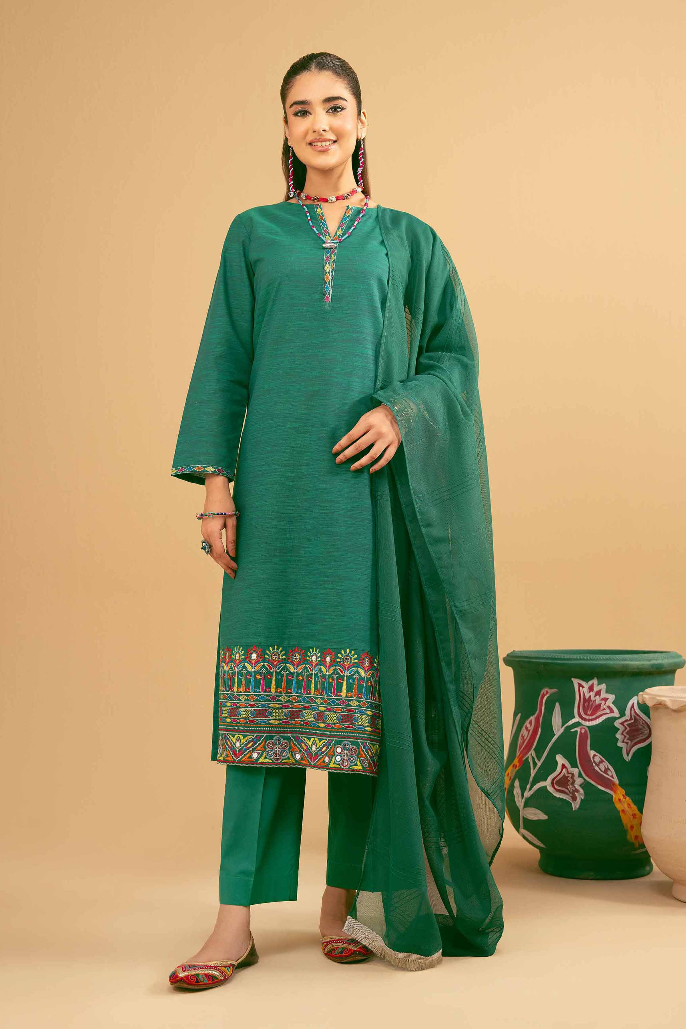 NishatUK - Green Embroidered   Yarn Dyed 3-piece ready to wear Suit