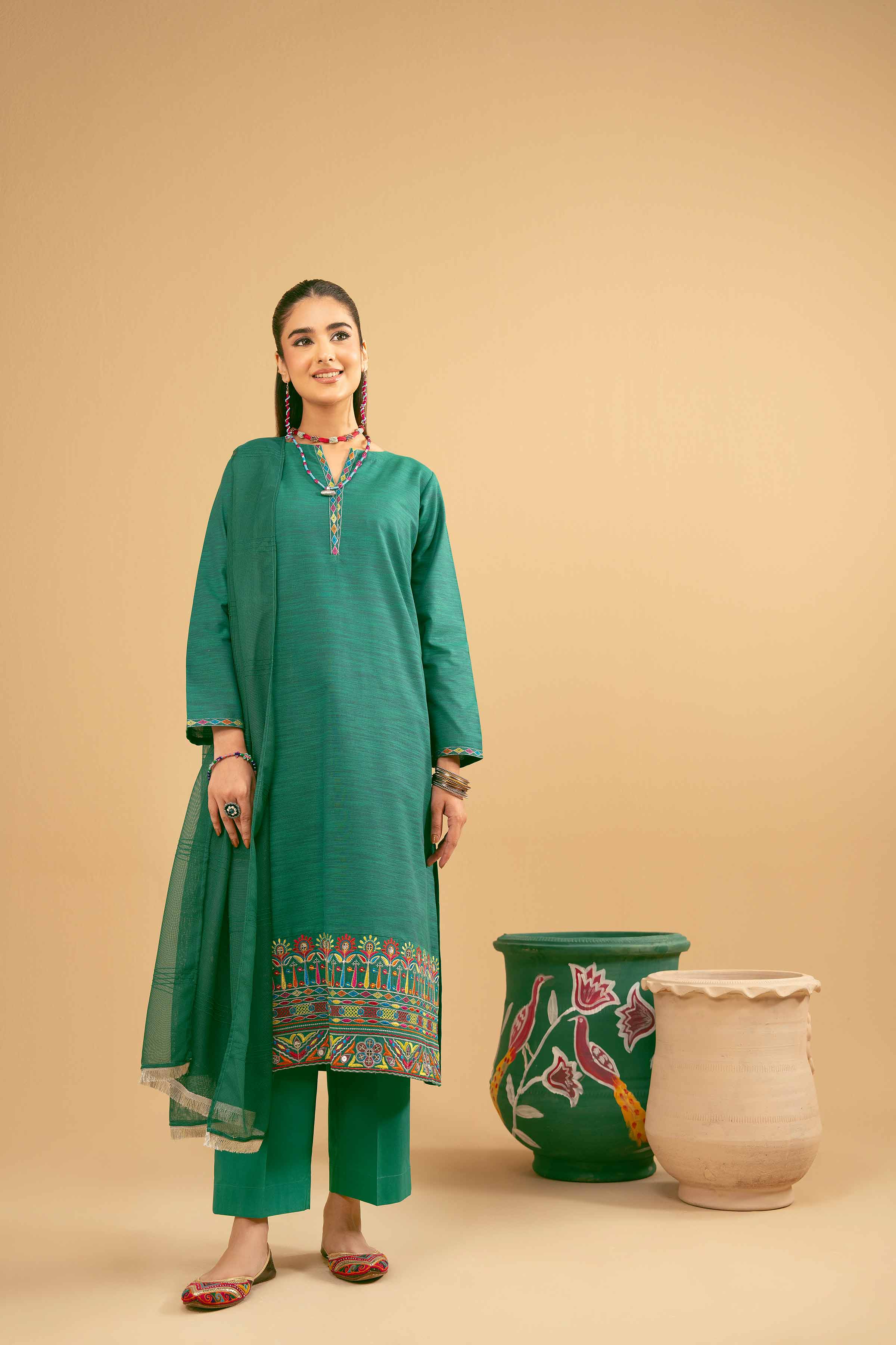 NishatUK - Green Embroidered   Yarn Dyed 3-piece ready to wear Suit