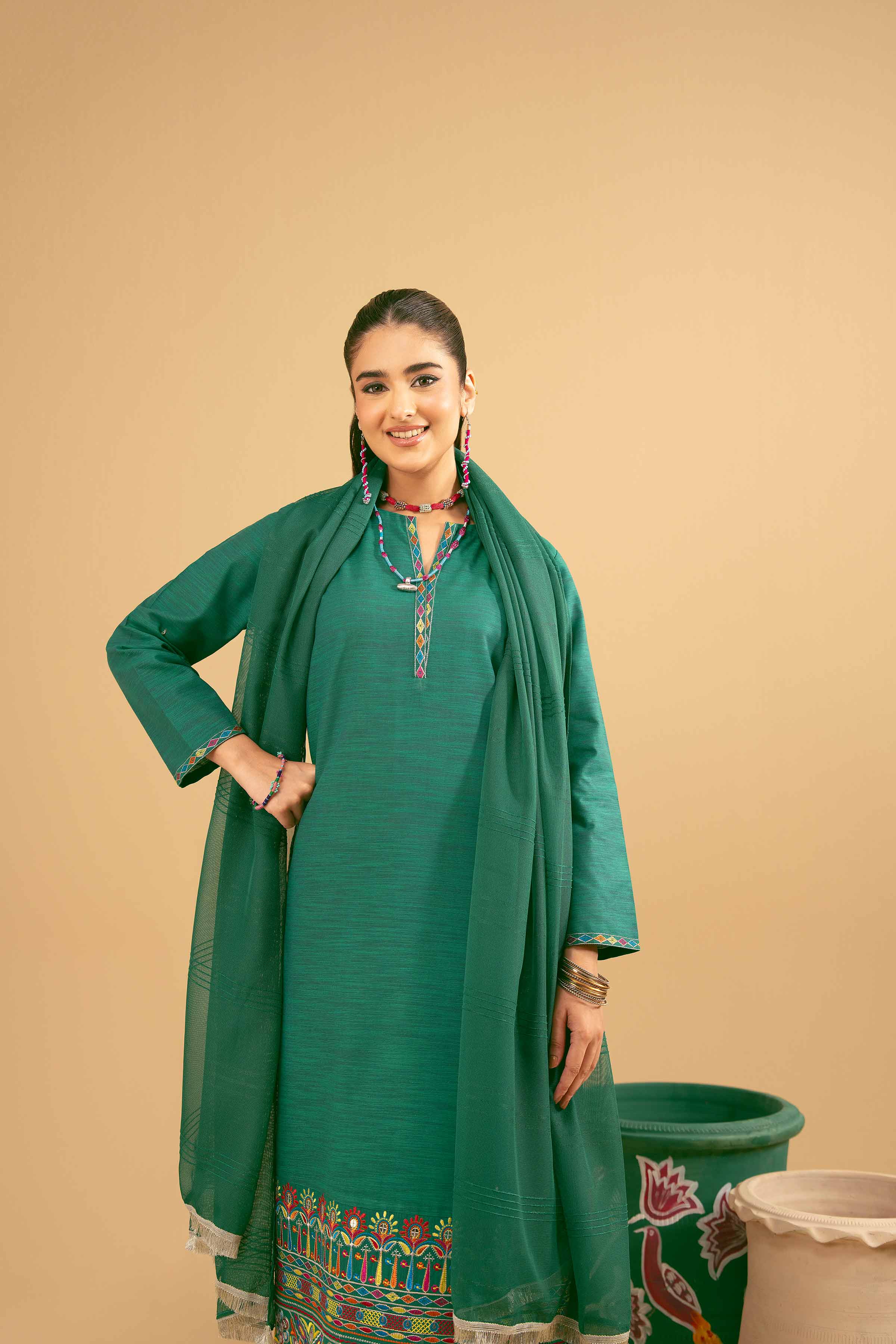 NishatUK - Green Embroidered   Yarn Dyed 3-piece ready to wear Suit