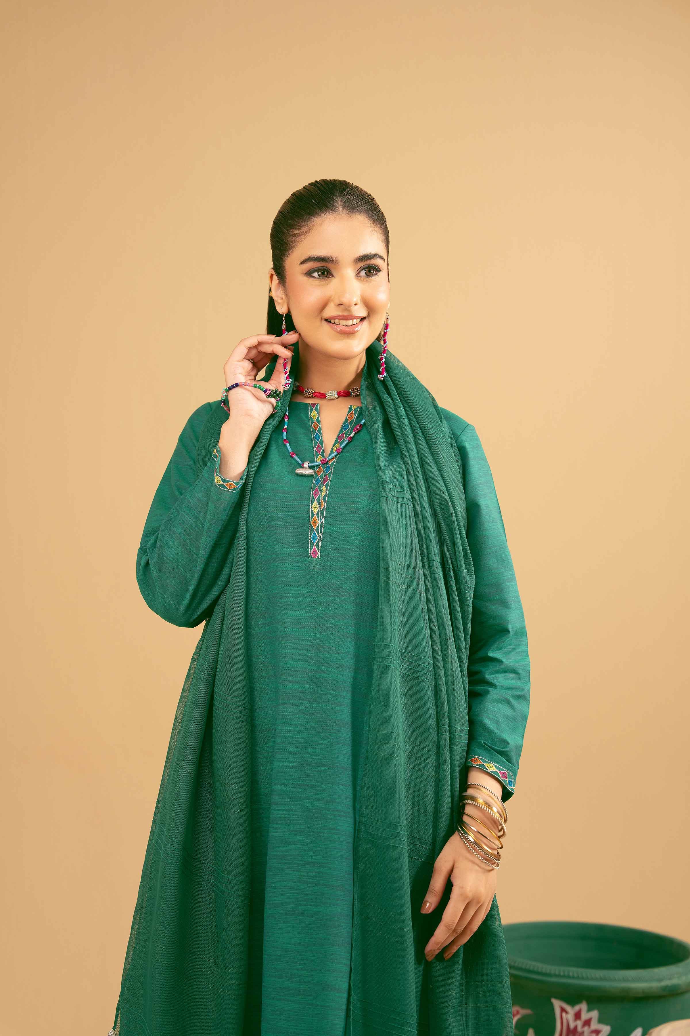 NishatUK - Green Embroidered   Yarn Dyed 3-piece ready to wear Suit
