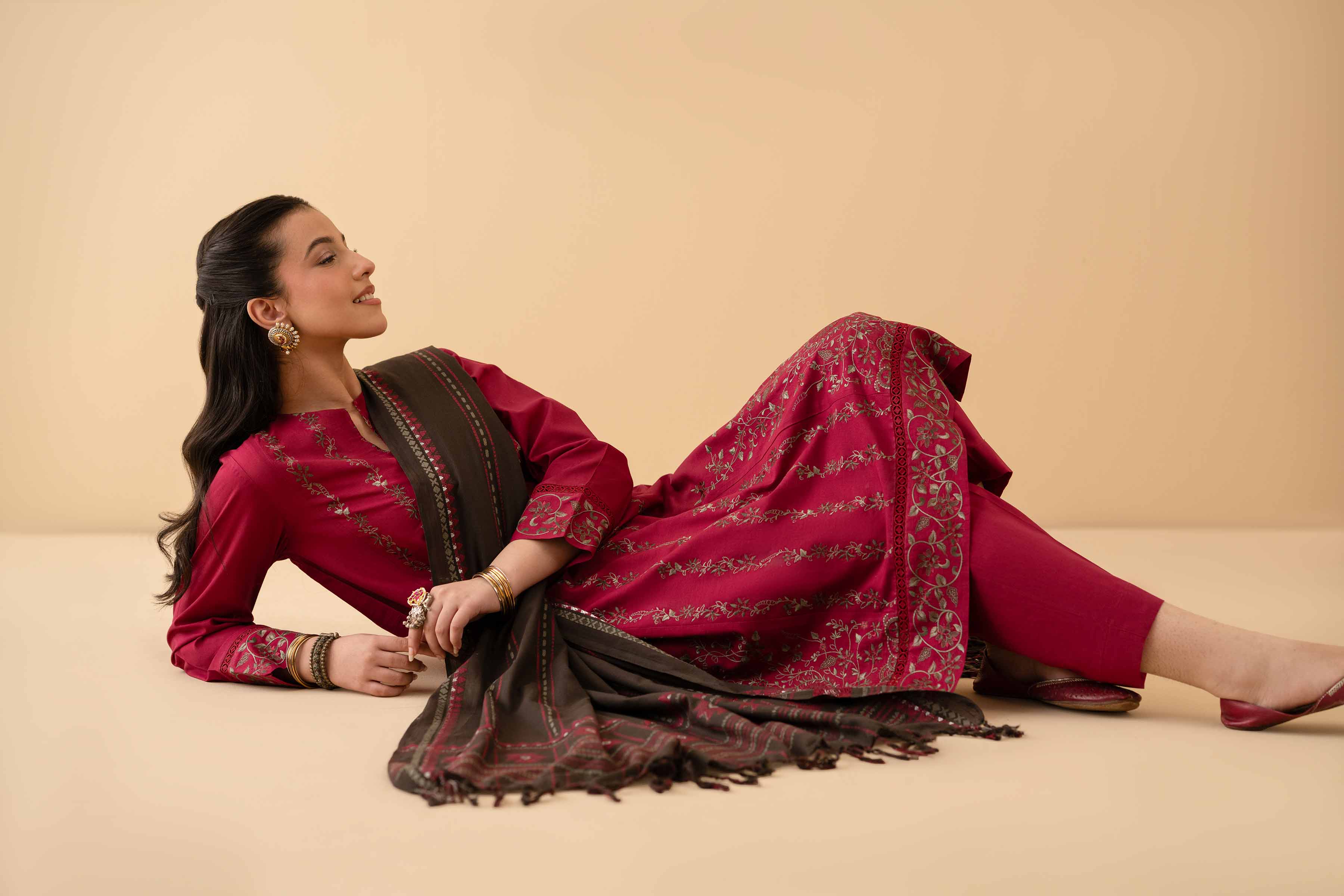 NishatUK - Maroon Embroidered   Cambric 3-piece ready to wear Suit
