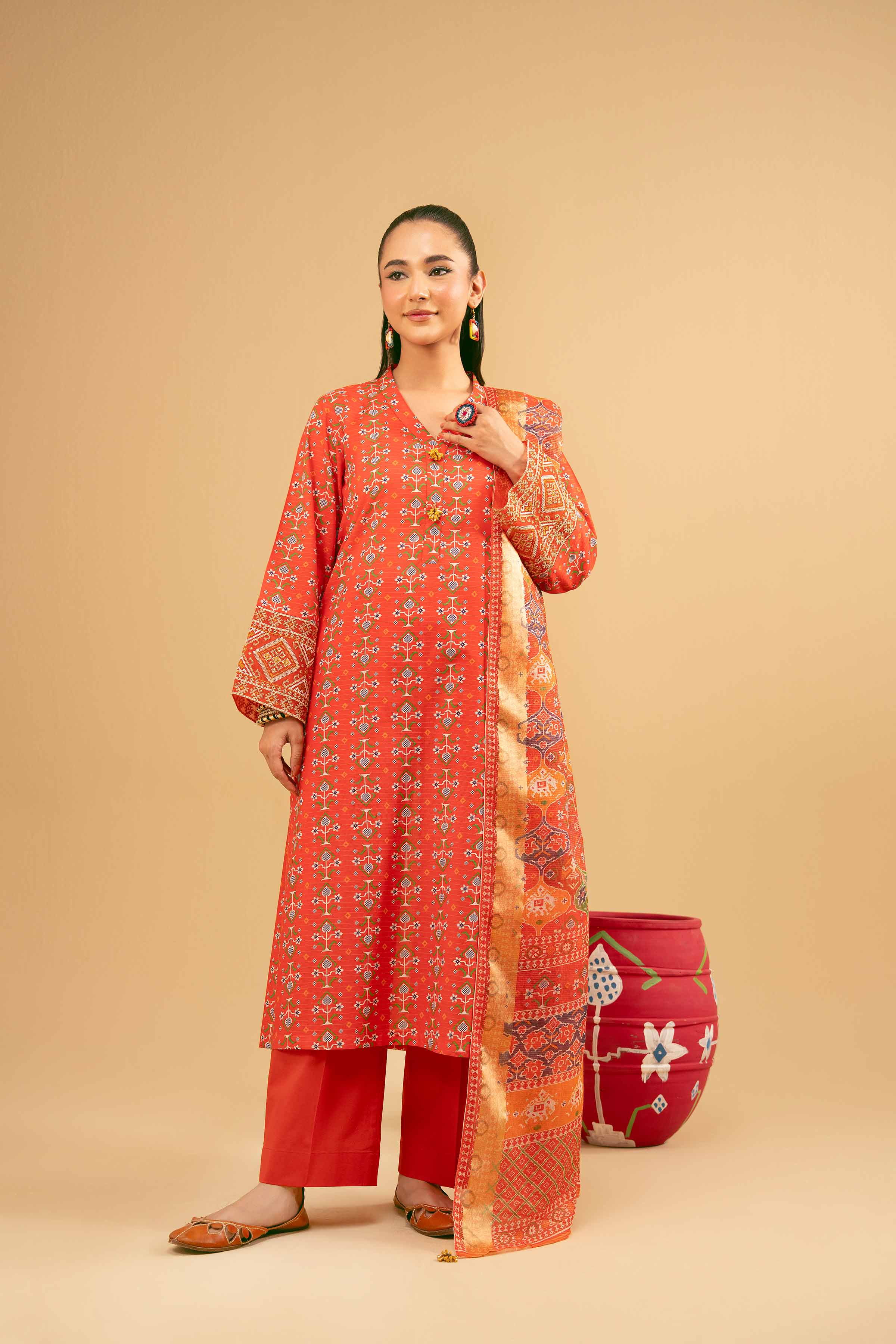 NishatUK - Orange Embroidered  Lawn 3-piece ready to wear Suit
