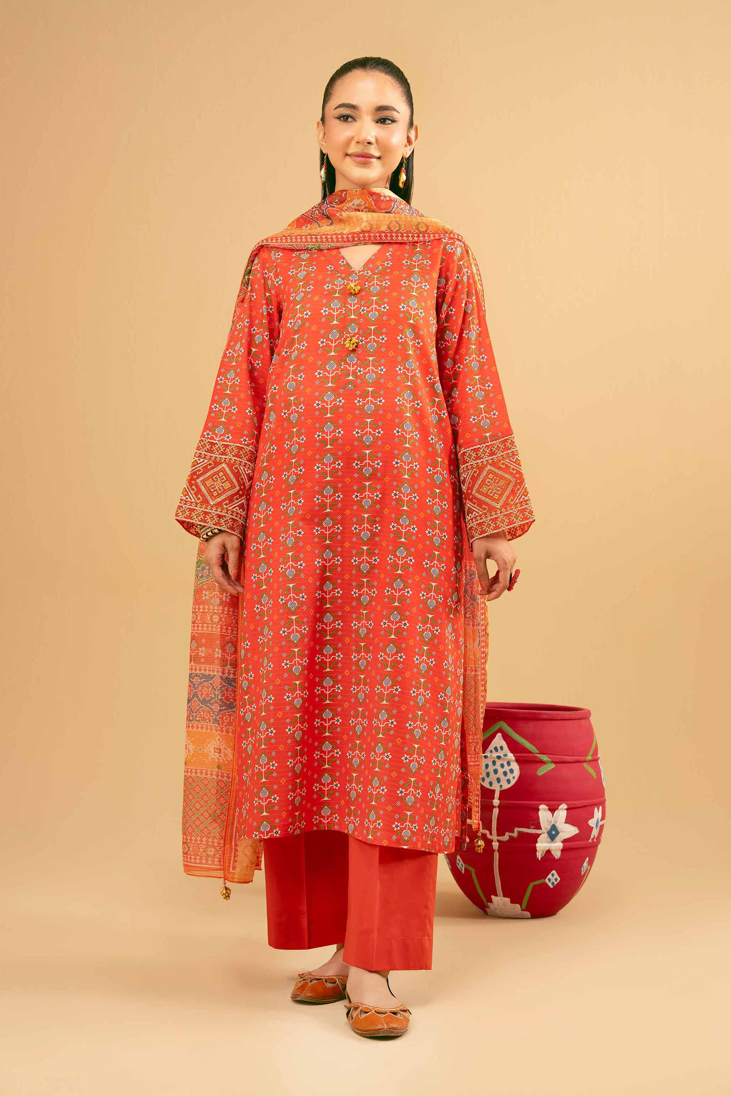 NishatUK - Orange Embroidered  Lawn 3-piece ready to wear Suit