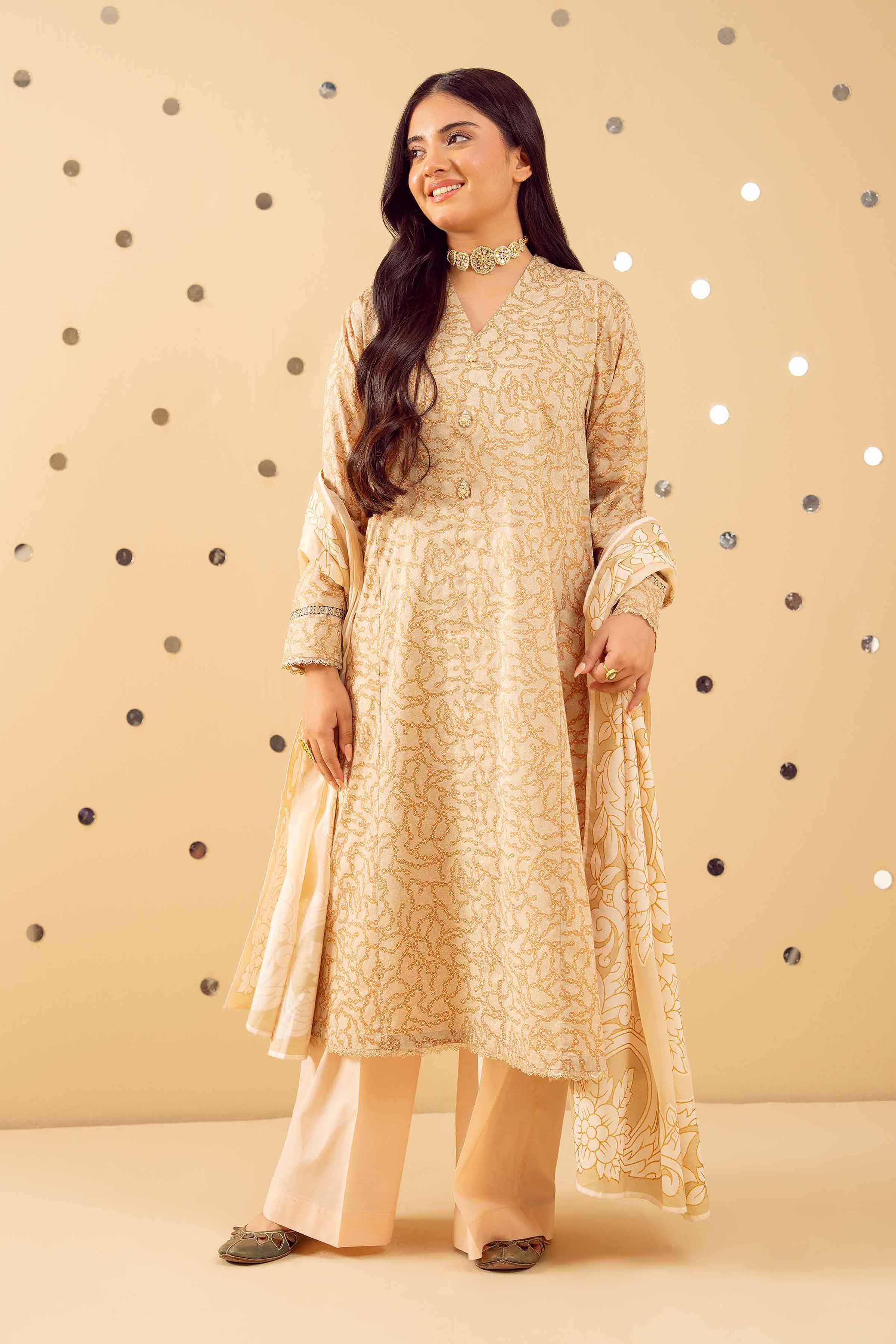 NishatUK - Beige Printed  Lawn 3-piece ready to wear Suit