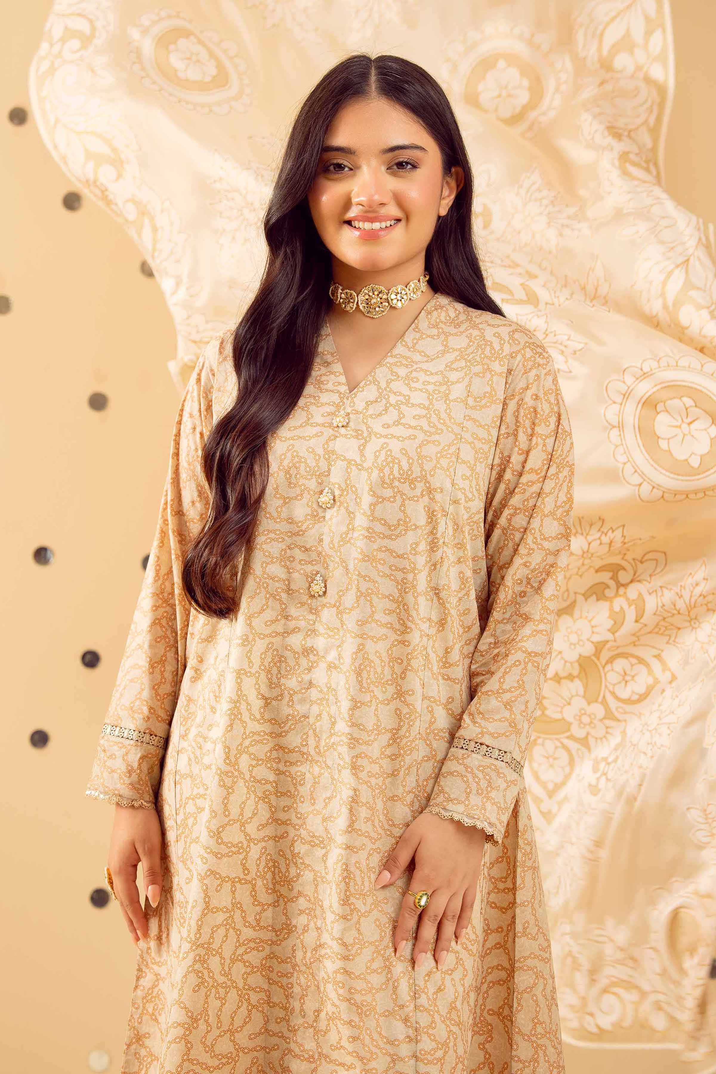 NishatUK - Beige Printed  Lawn 3-piece ready to wear Suit