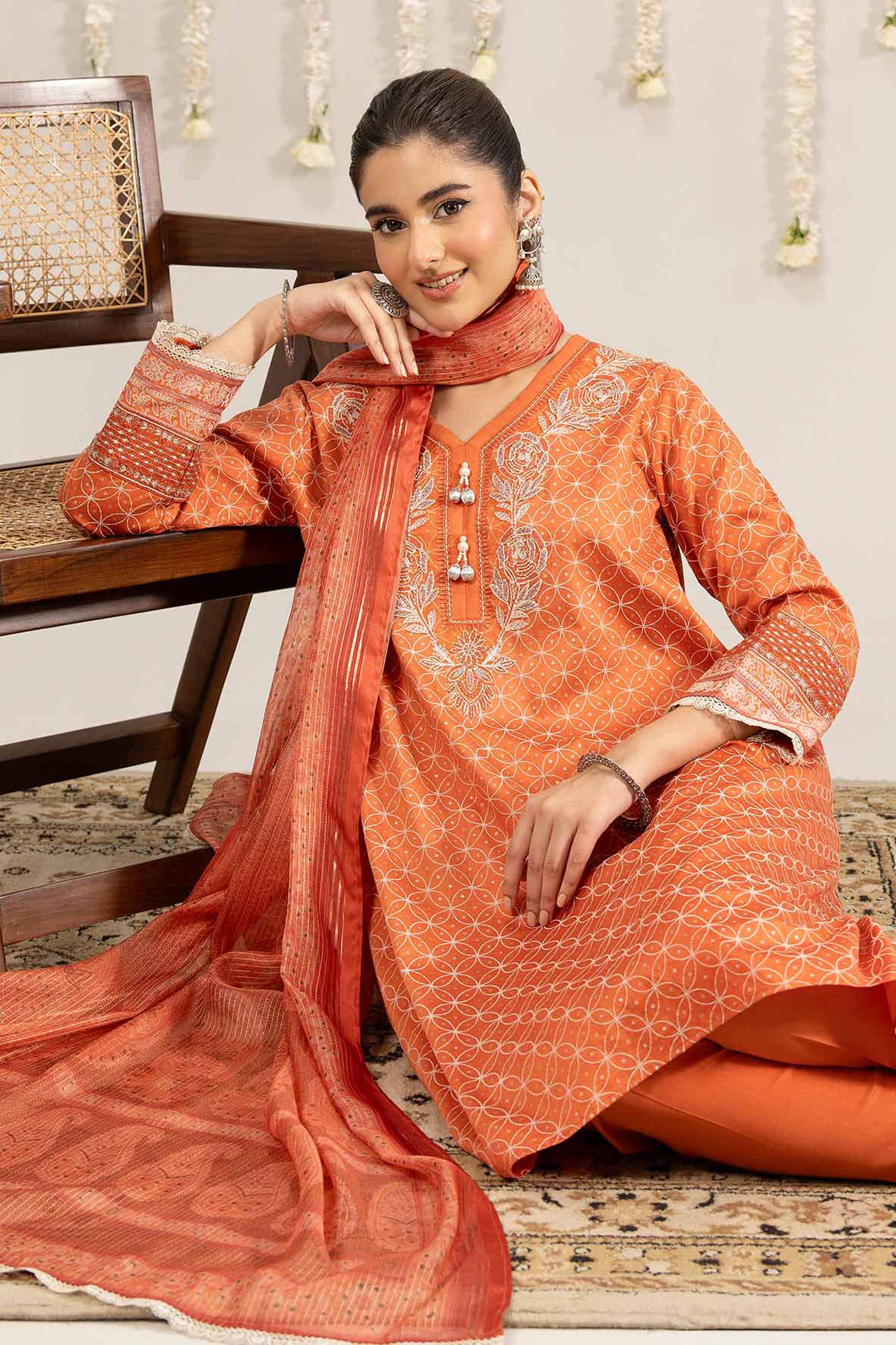 Nishat UK - Orange Embroidered Satin 3 Pieces ready to wear Suit