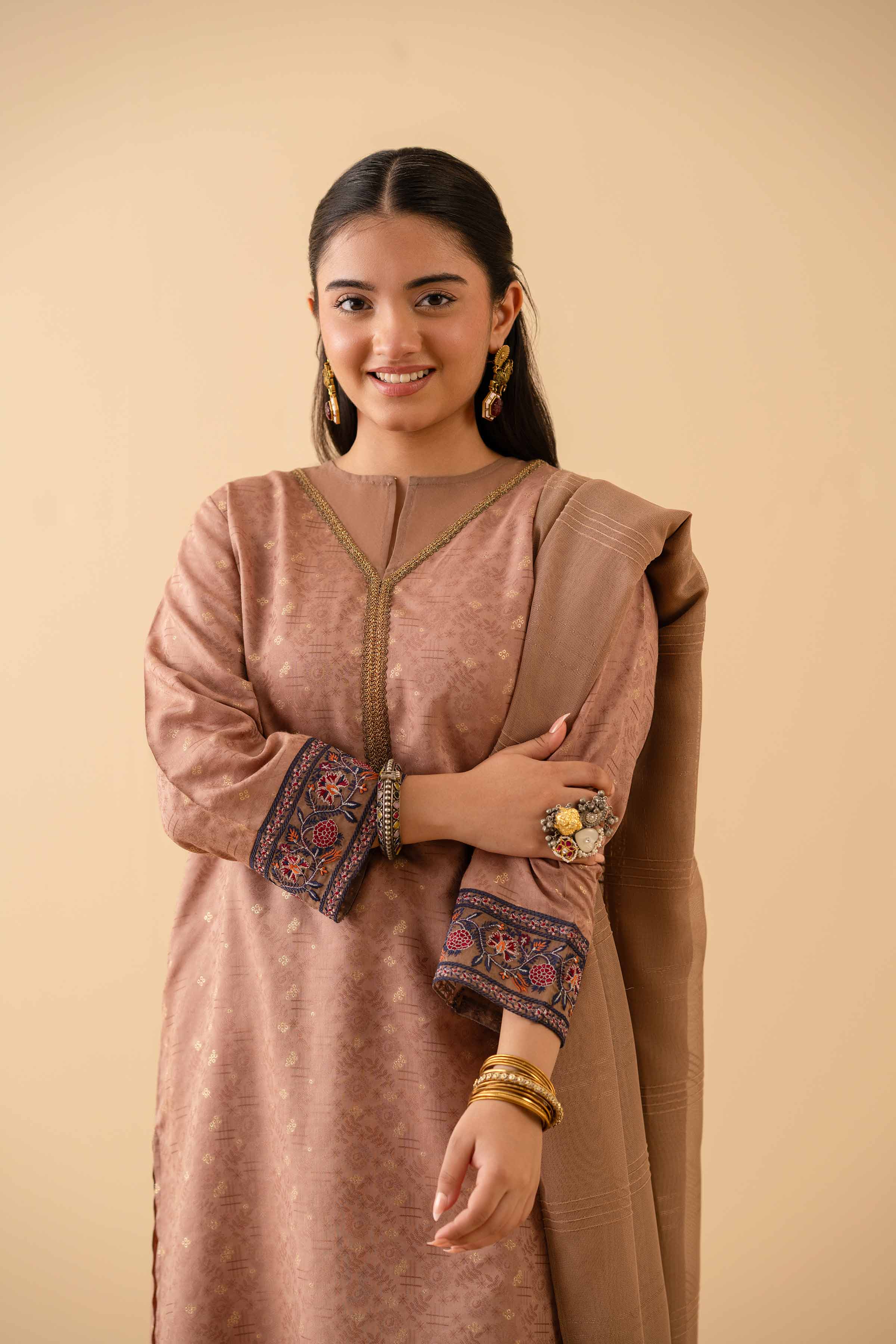 NishatUK - Brown Embroidered  Jacquard 2-piece ready to wear Dress