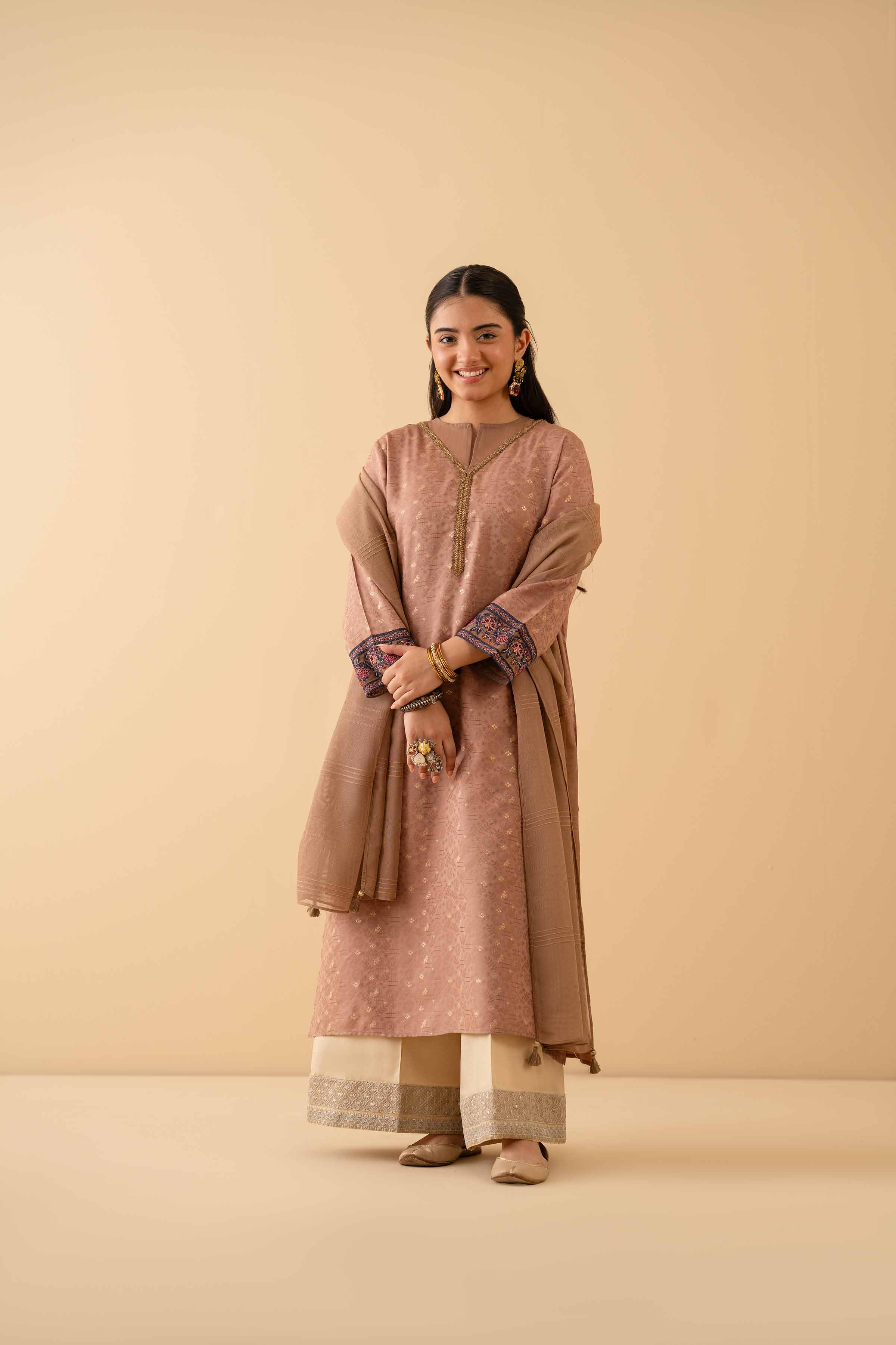 NishatUK - Brown Embroidered  Jacquard 2-piece ready to wear Dress