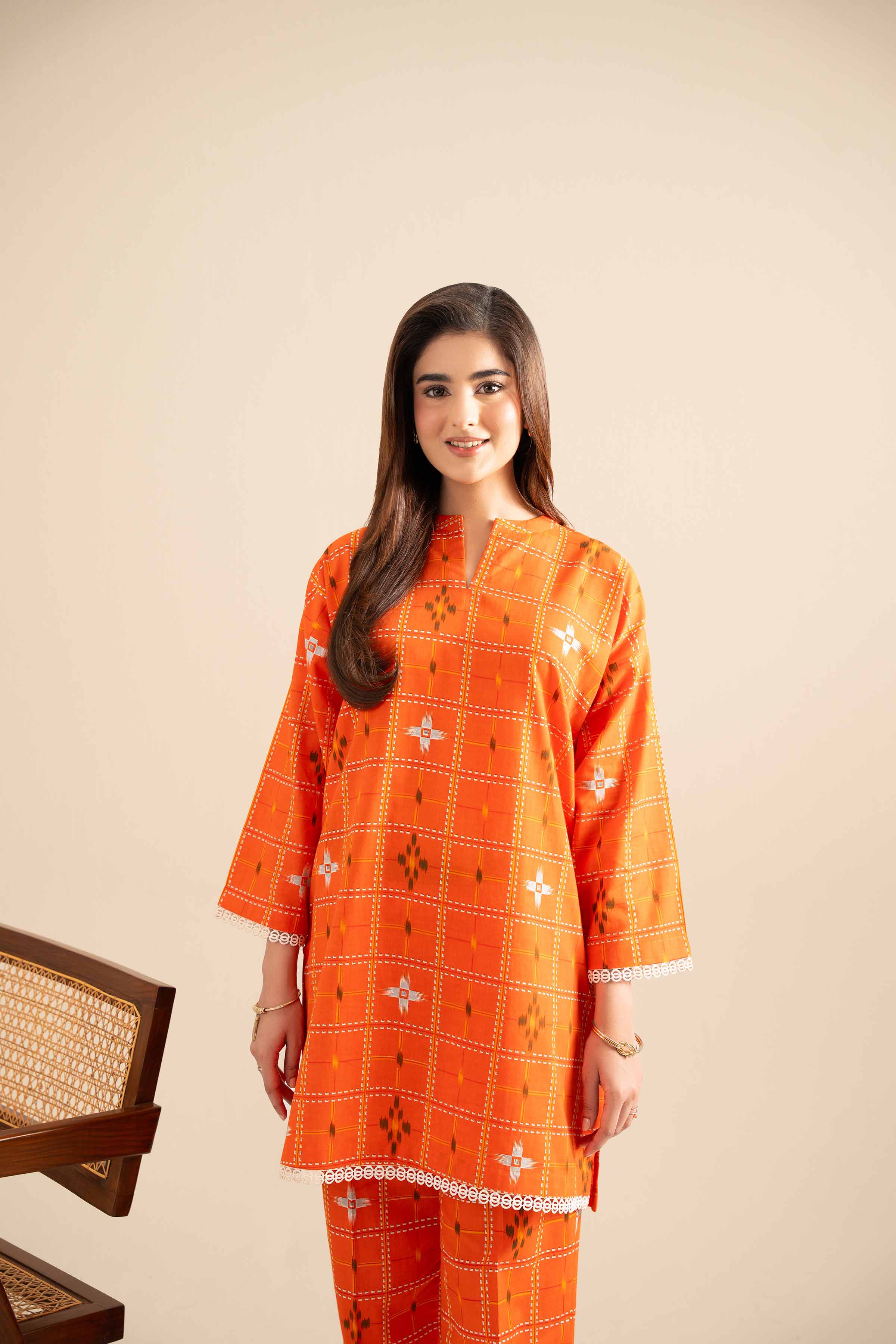 NishatUK - Orange Printed Cotton 2-piece ready to wear Dress