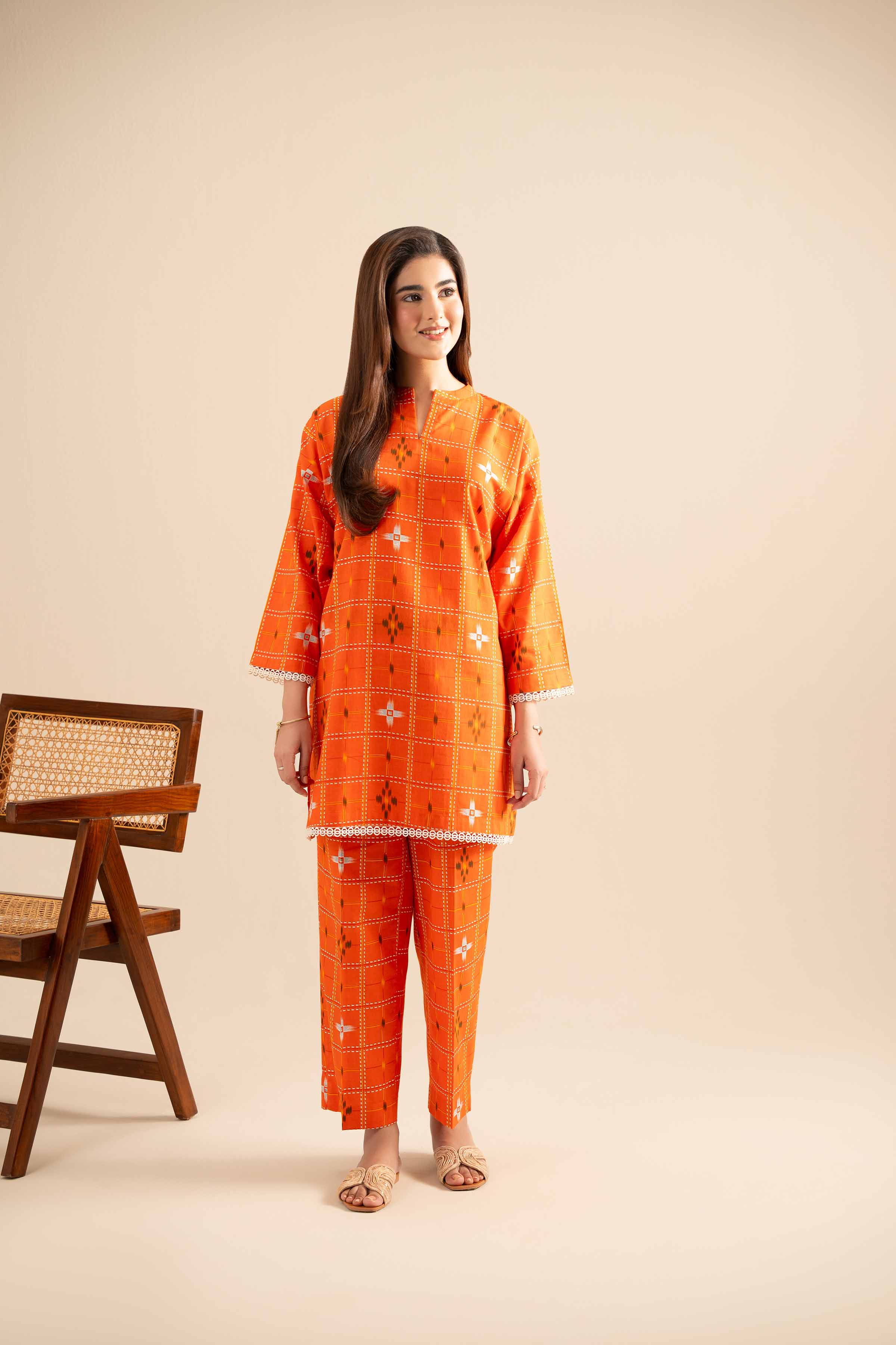 NishatUK - Orange Printed Cotton 2-piece ready to wear Dress