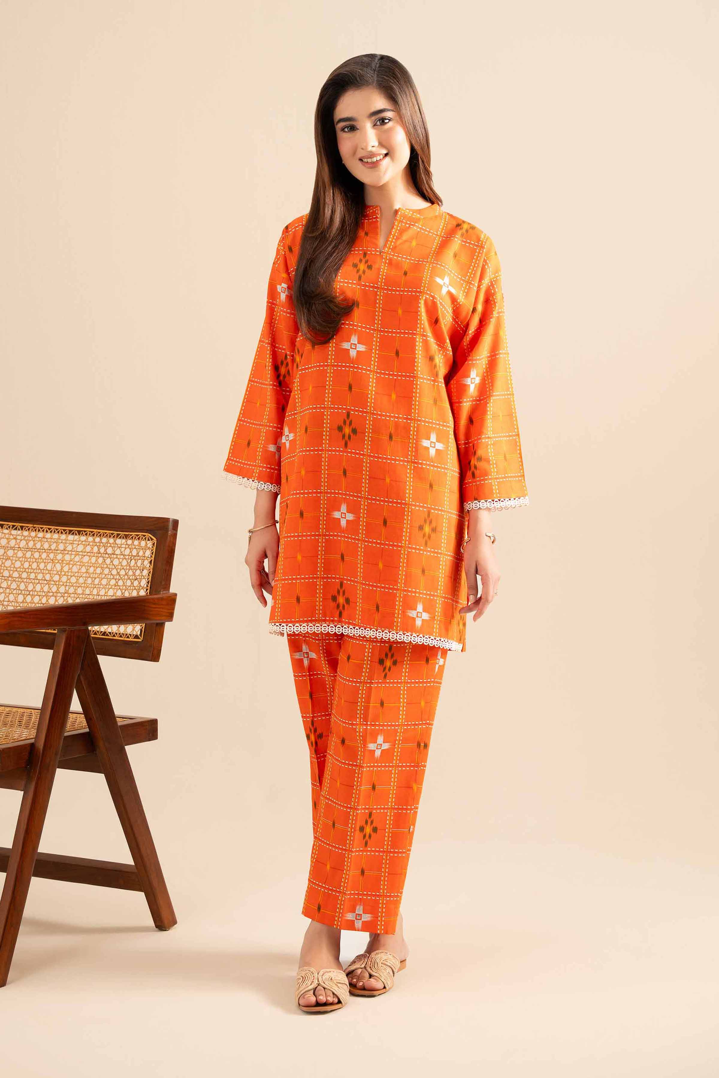 NishatUK - Orange Printed Cotton 2-piece ready to wear Dress