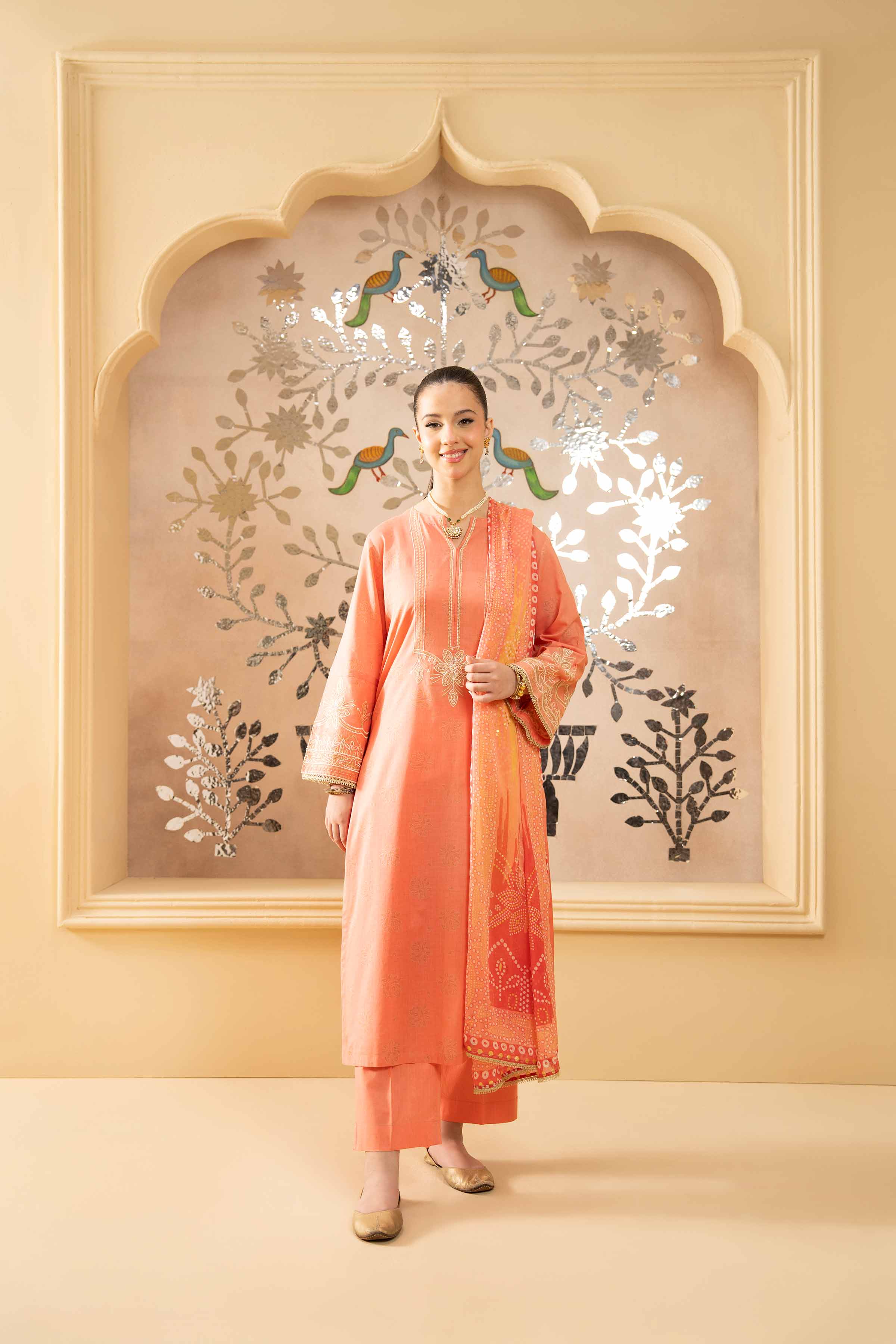 NishatUK - Peach Embroidered  Lawn 3-piece ready to wear Suit
