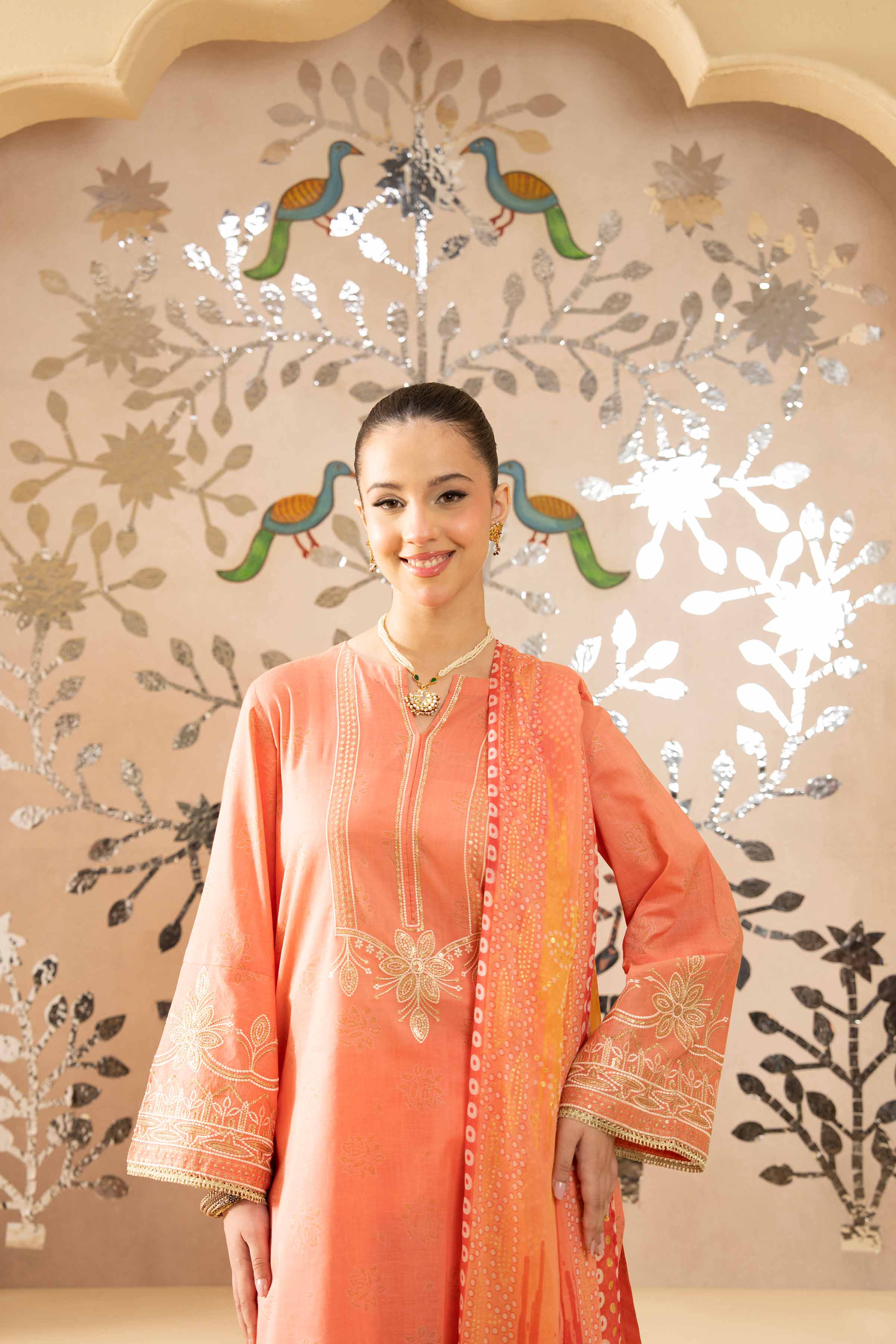 NishatUK - Peach Embroidered  Lawn 3-piece ready to wear Suit