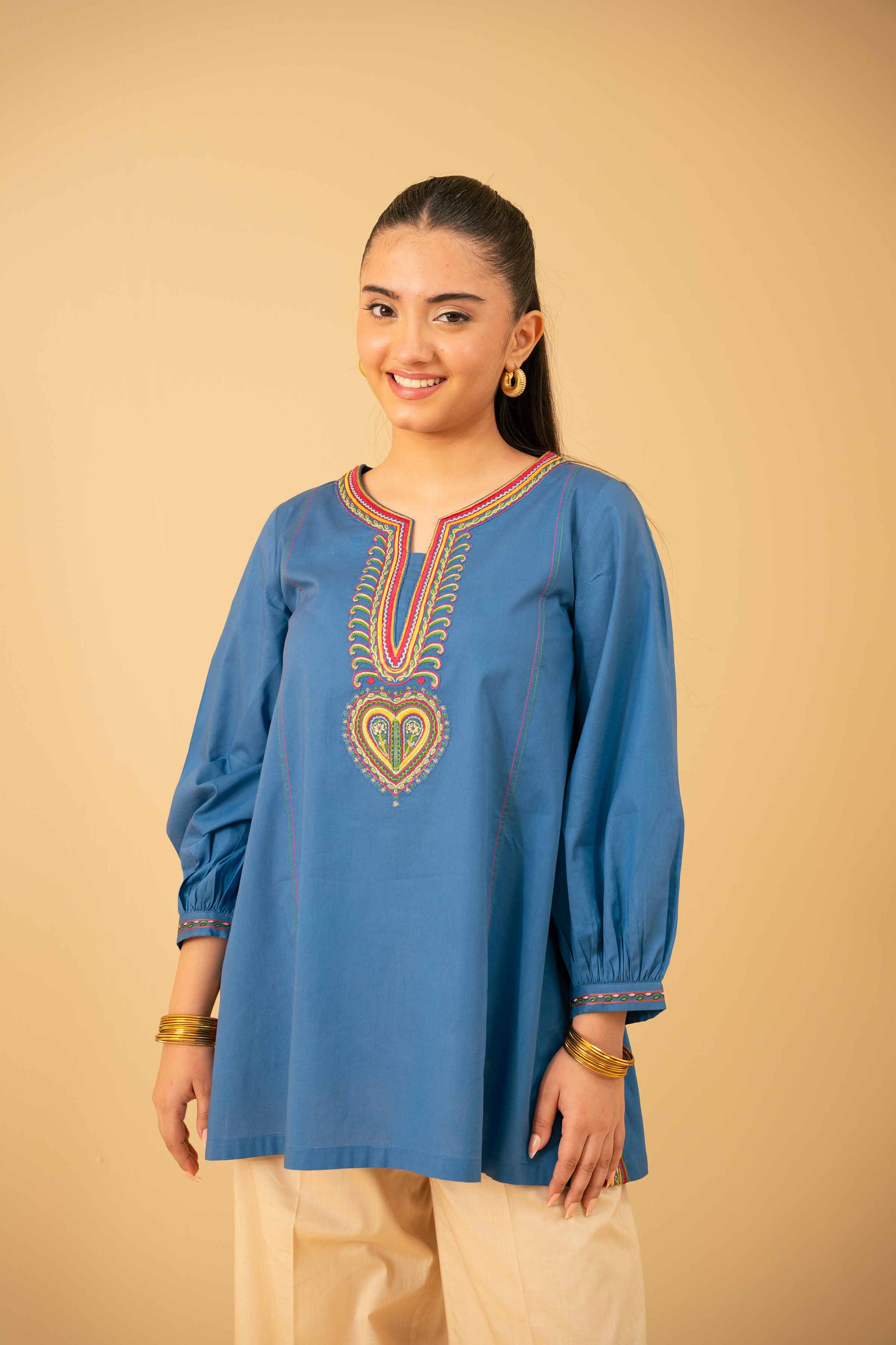 NishatUK - Blue Embroidered   Cambric 1-piece ready to wear Tunic